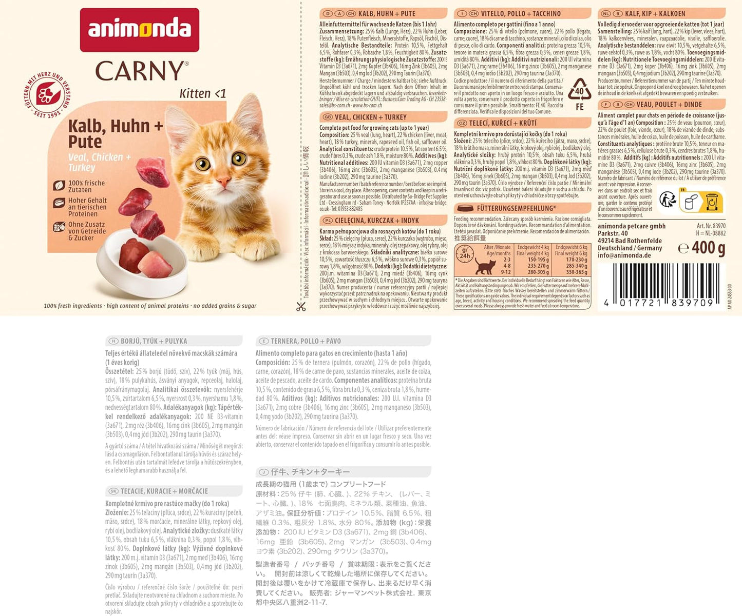 animonda Carny Katzen Nassfutter Kitten Chicken + Pute (12 x 400g), Kitten getreidefreies Katzennassfutter ohne Zucker für wachsende Kätzchen bis 1 Jahr, mit frischen Ingrediens