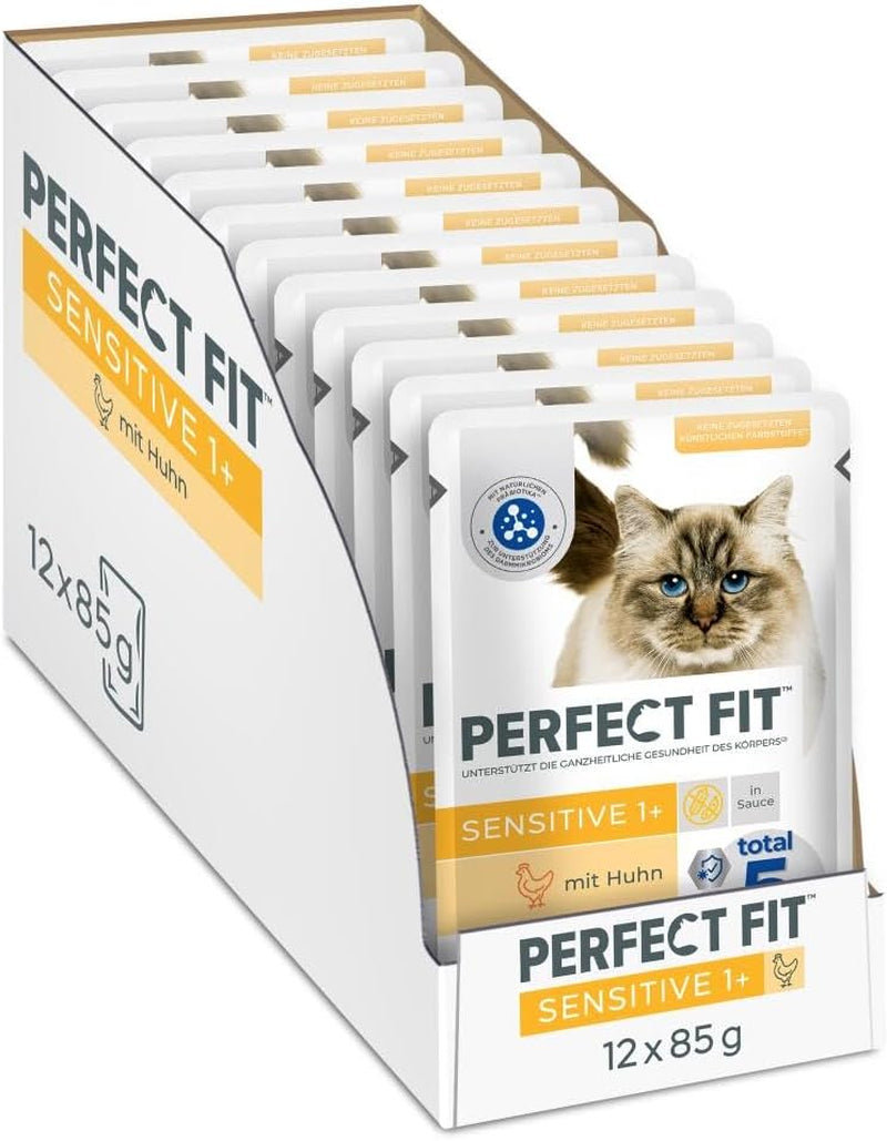 Vådfoder til katte Perfect Fit Sensitive 1+ med kylling i sauce, 12 poser, 12 x 85g - Premium vådfoder til følsomme katte fra 1 år, uden hvede og soja, for at støtte fordøjelsen