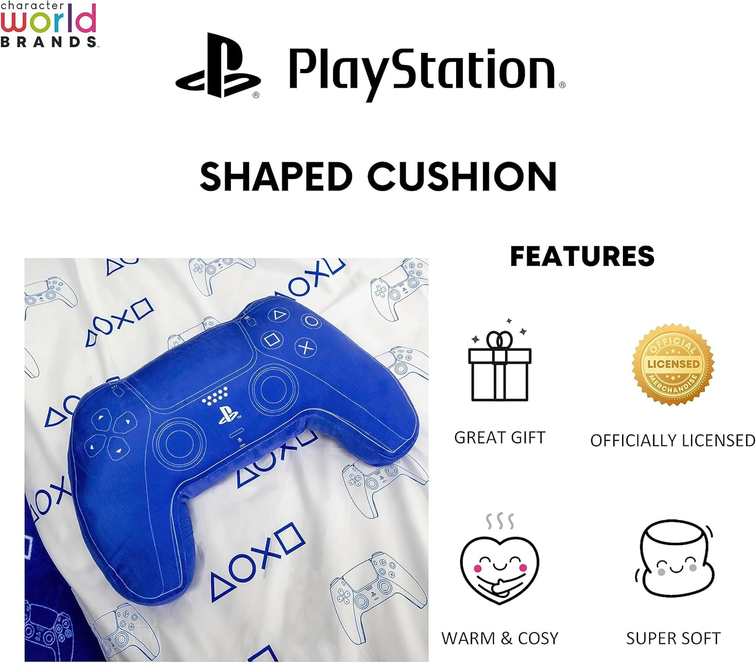 Character World: Officielt licenseret Playstation-controller-formet pude, håndsætdesign, fyldt plyspude | Perfekt til soveværelse eller legeindretning, blå Naty Shop standard puder