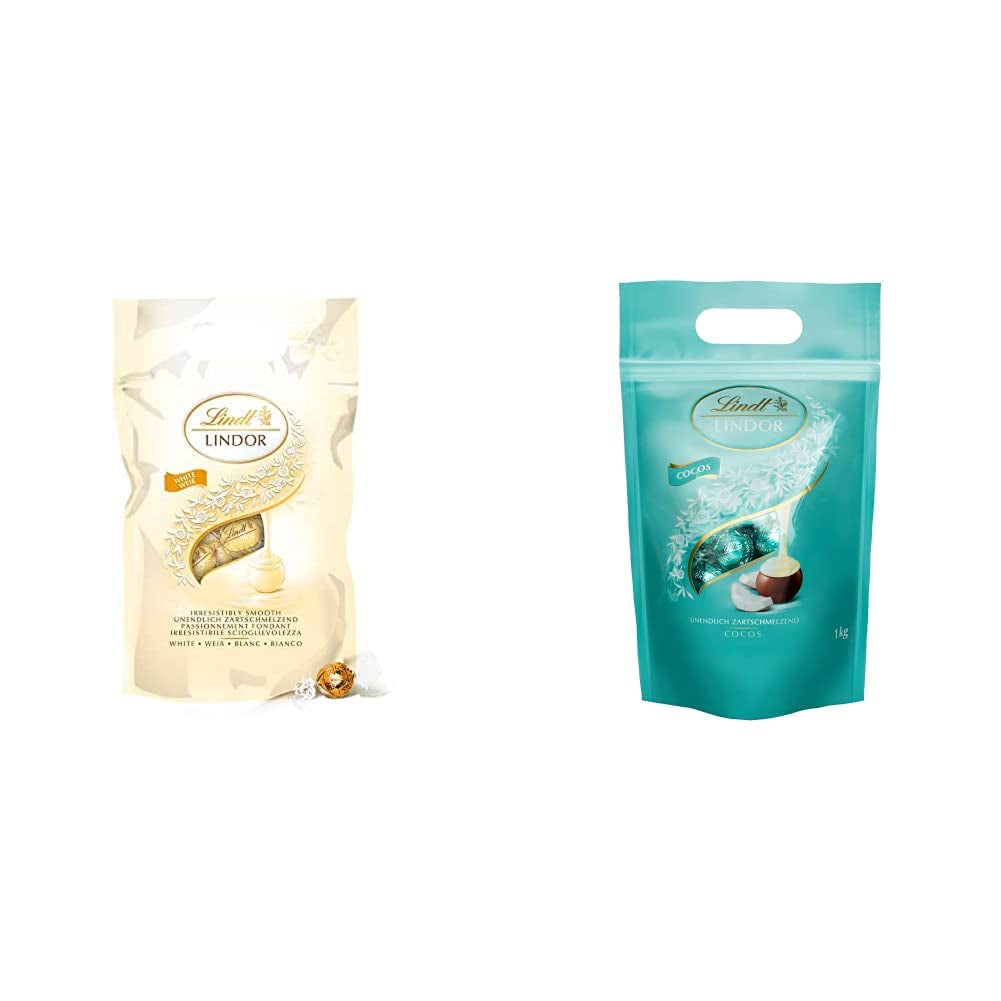 LINDOR hvide chokoladekugler, 1 kg og LINDOR | 1 kg genlukkelig pose | ca. 80 mælkechokoladekugler med myntefyld | Bulkpakke, pralinegave, chokoladegave
