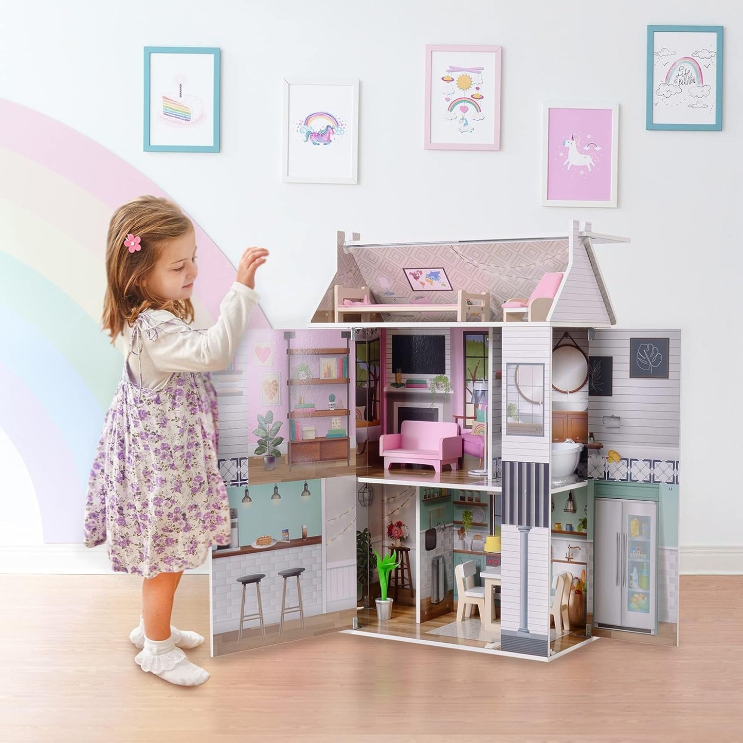 Olivia's Little World Dreamland 3-tiers interaktivt dukkehus i træ med 13 dukkemøbeltilbehør Hvid TD-13632A