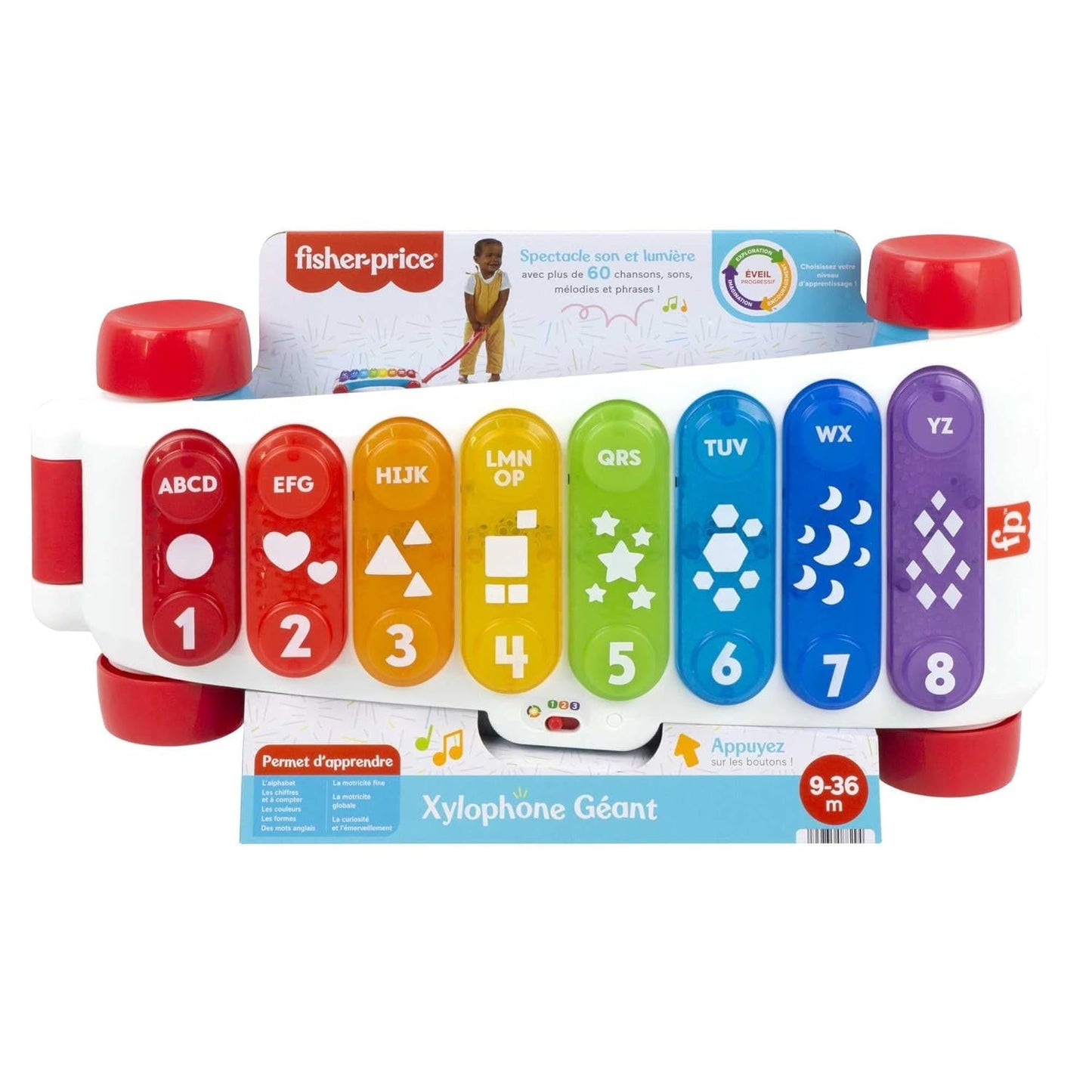 Fisher-Price Light-up kæmpe xylofon - elektronisk musikinstrument til at trække sammen med sange med læringsindhold, til børn, småbørn fra 9 måneder, flerfarvet, version: fransk, HJK40 Jucarii Bebe Naty Shop
