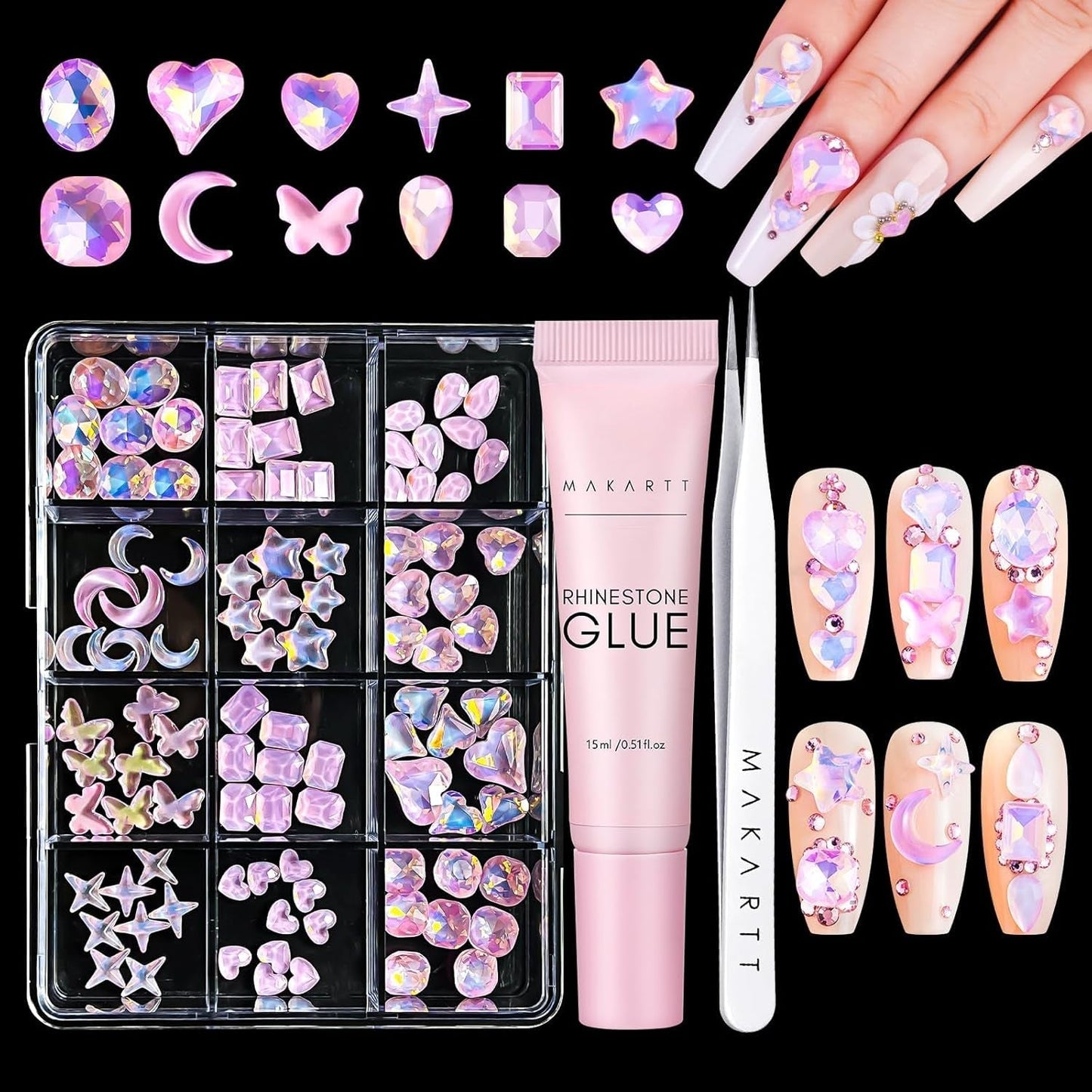 Makartt Rhinestone selvklæbende gel - 15 ml UV-neglelimsæt med lyserøde negle charms Hjertecirkel neglesmykker og negledesigntilbehør til hjemmemanicure Valentinsdagsgave