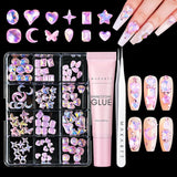 Makartt Rhinestone selvklæbende gel - 15 ml UV-neglelimsæt med lyserøde negle charms Hjertecirkel neglesmykker og negledesigntilbehør til hjemmemanicure Valentinsdagsgave