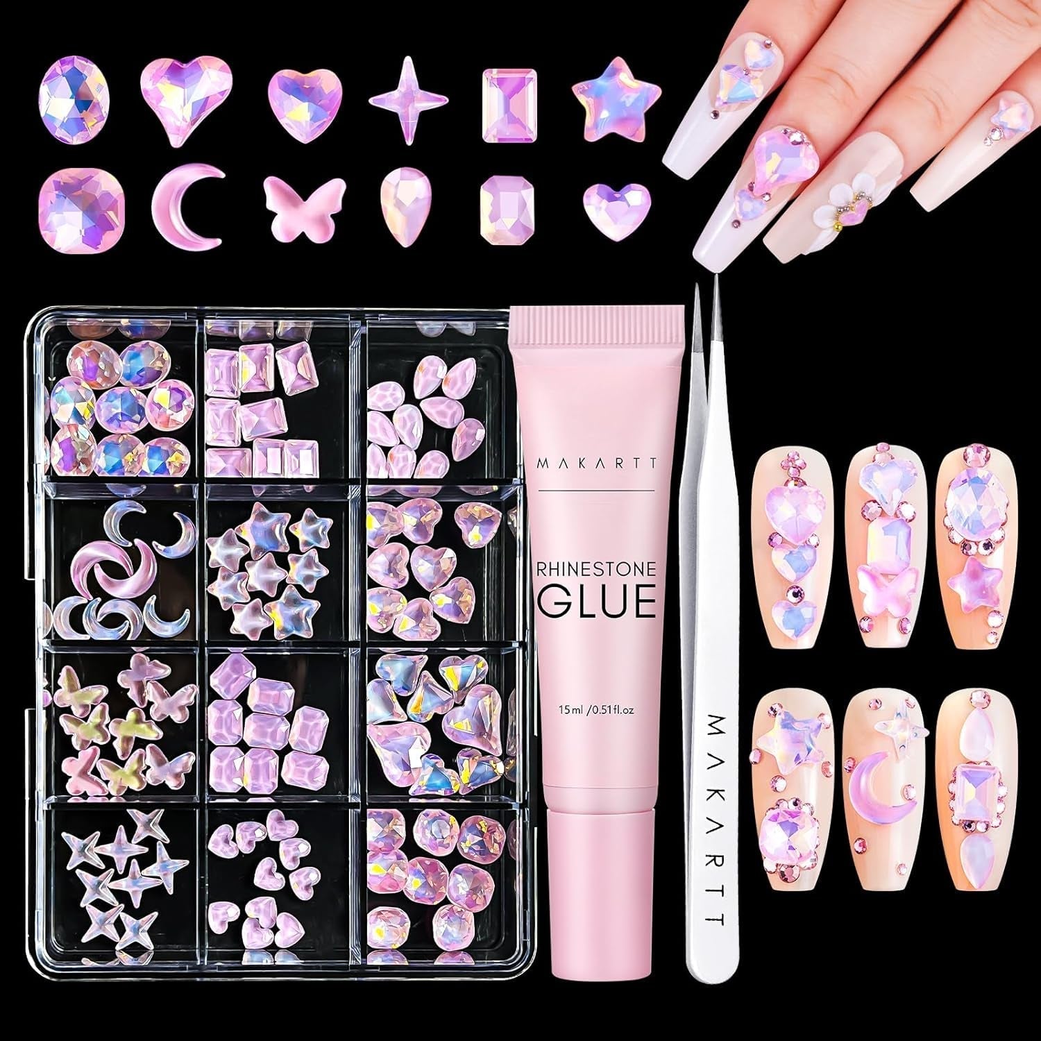 Makartt Rhinestone selvklæbende gel - 15 ml UV-neglelimsæt med lyserøde negle charms Hjertecirkel neglesmykker og negledesigntilbehør til hjemmemanicure Valentinsdagsgave