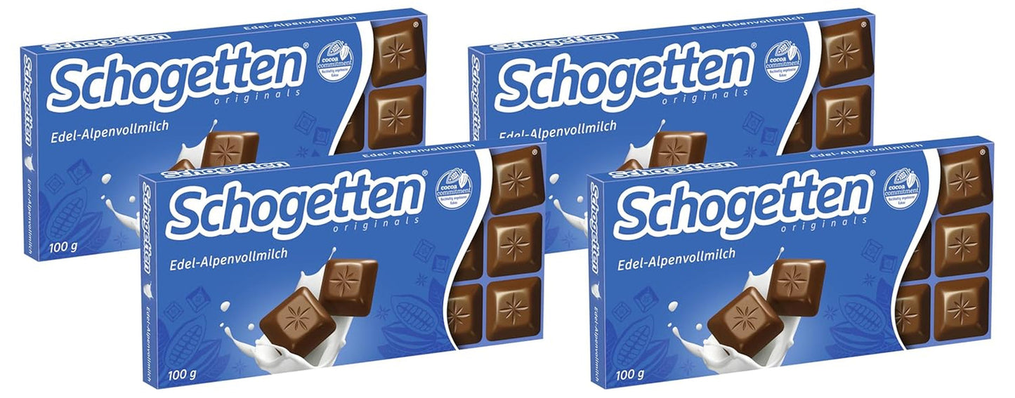 Schogetten Premium Alpine mælkechokoladebar, 100 g, portionsvis individuelt. En fryd. Stykke for stykke.