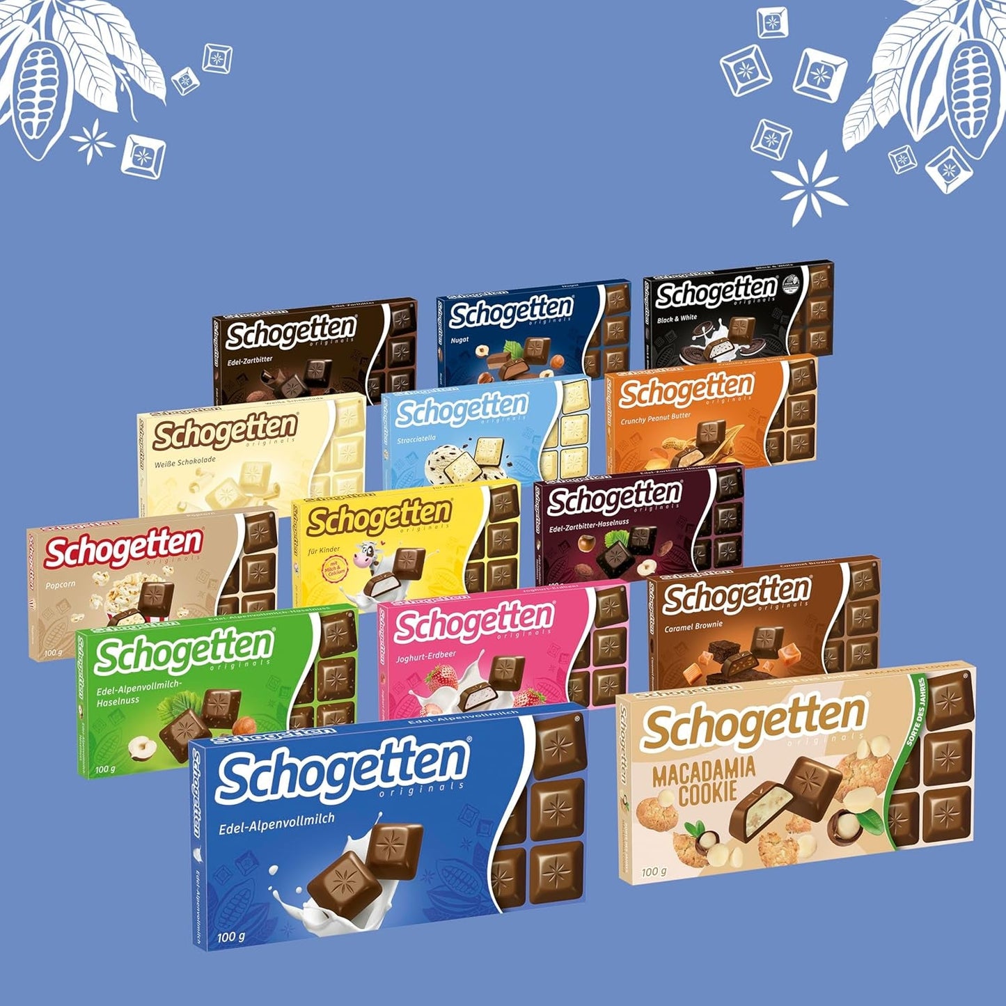 Schogetten Premium Alpine mælkechokoladebar, 100 g, portionsvis individuelt. En fryd. Stykke for stykke.