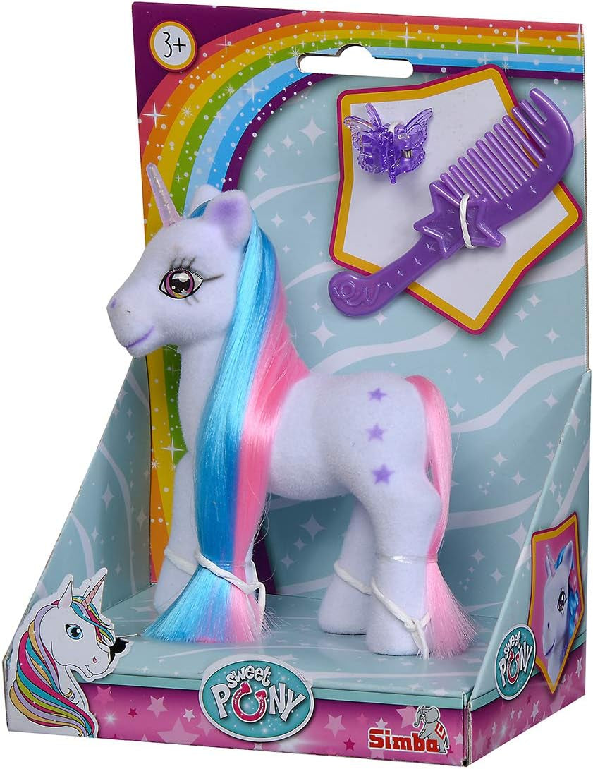 Simba 104342482 - Enhjørning med farvet hår, 14 cm, flokket, med kam og hårspænder, fra 3 år Naty Shop Dolls