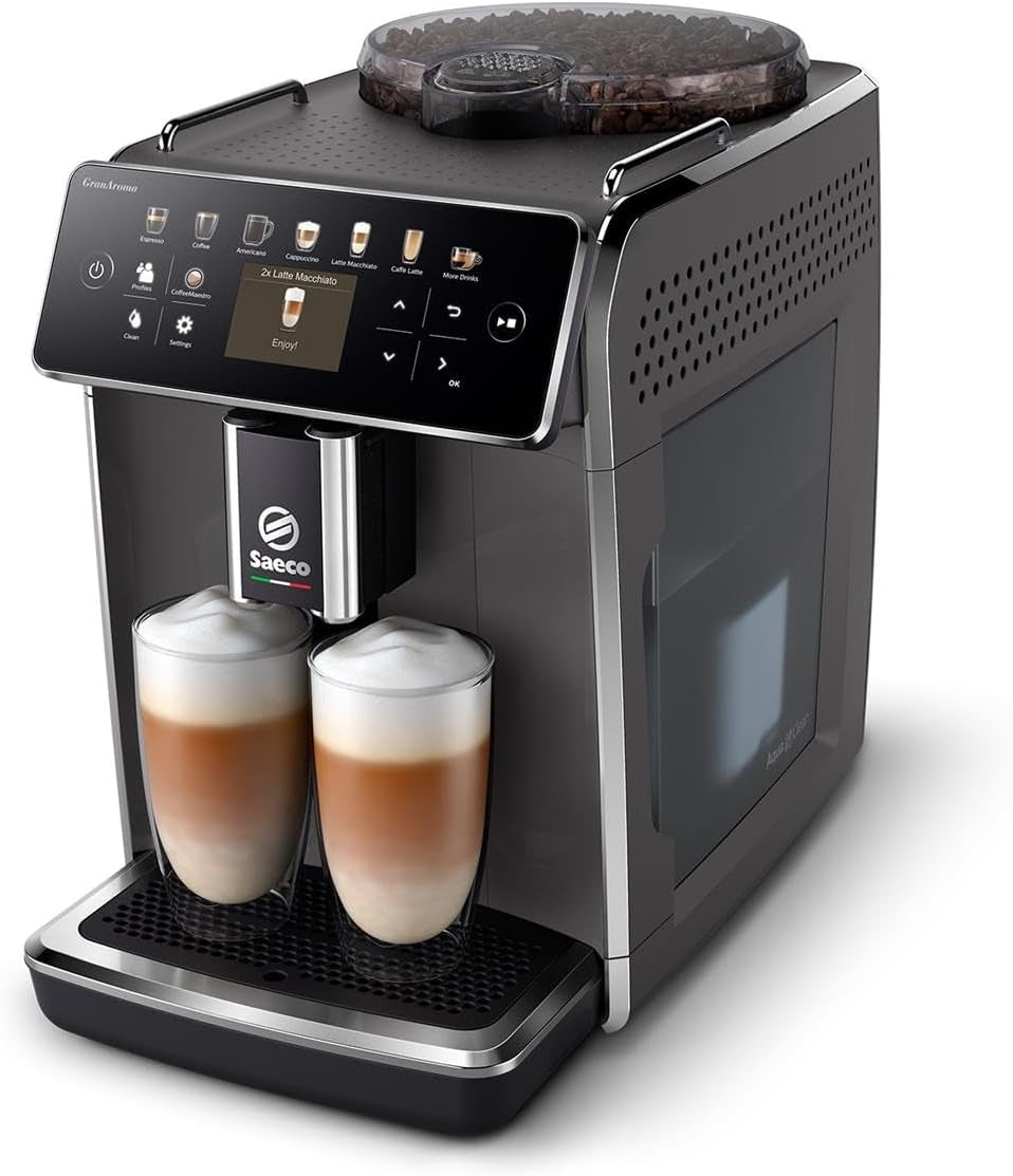 Saeco GranAroma automatisk espressomaskine - 14 kaffespecialiteter, intuitiv farveskærm, 4 brugerprofiler, keramisk kværn, 1500 watt (SM6580/10)