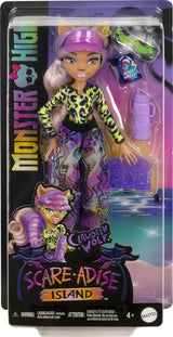 Monster High Scare Adise Island Clawdeen Wolf dukke med badedragt, joggingunderbukser og strandtilbehør såsom visir, vandflaske og bog