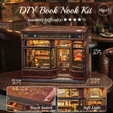 CUTEBEE Book Corner Kit - DIY dukkehuse, LED Light Up Miniature House Building Kit til voksne, 3D træpuslespil og bogstativ - Bogreoldekoration og gave (Corner Cafe)