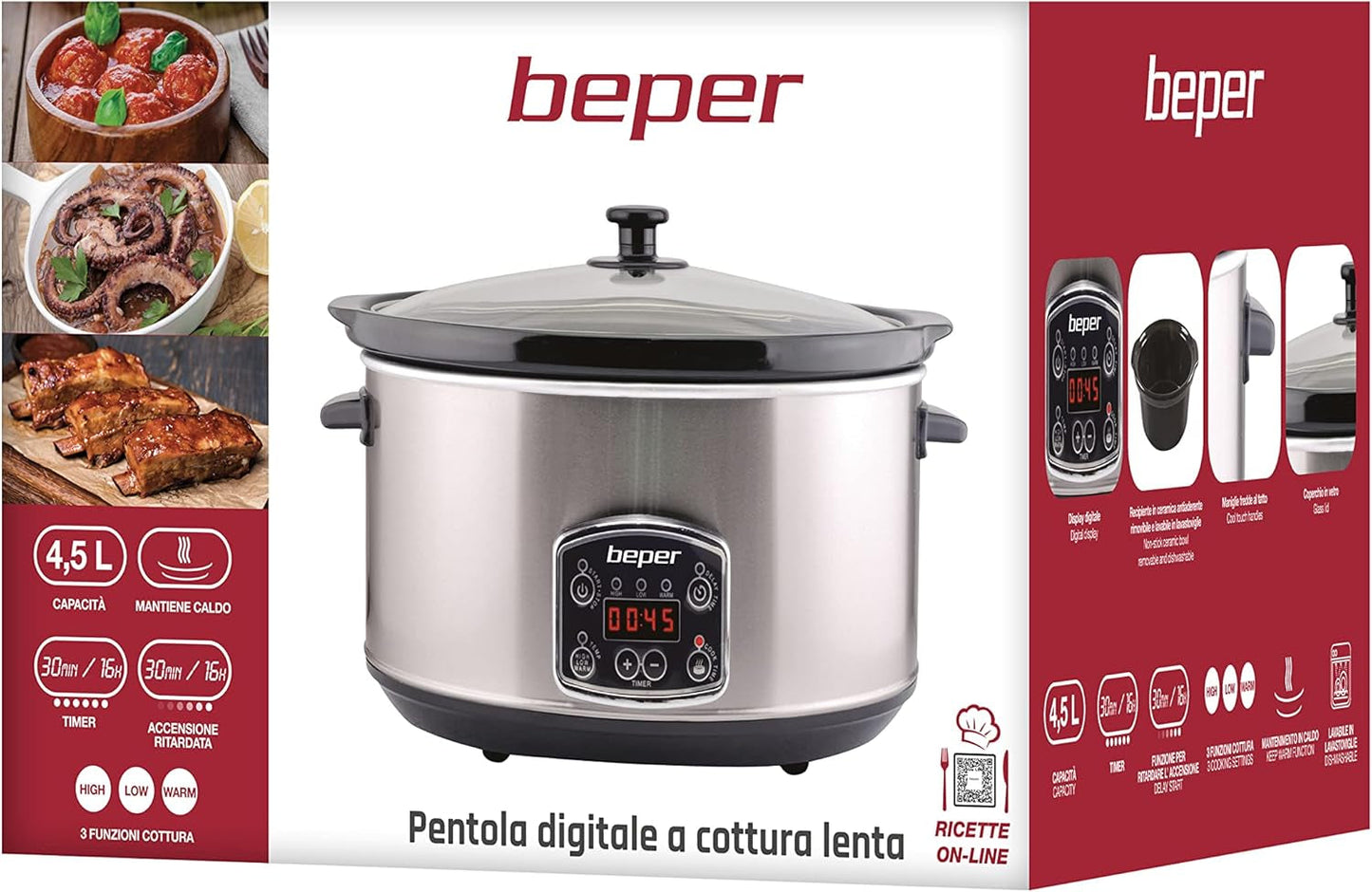 Beper BC.510 Slow Cooker, 280 W, 4,5 liter, keramisk glas, sort og stål Slow Cooker Naty Shop