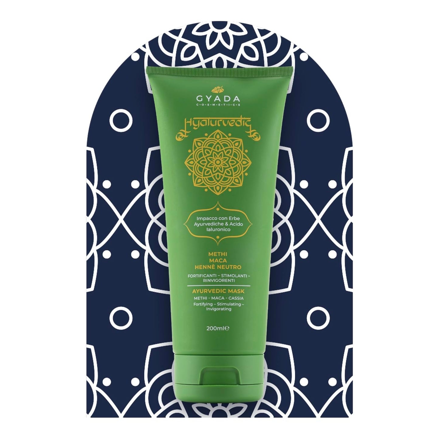 GYADA COSMETICS, hyalurvedisk styrkende ayurvedisk kompres, professionel behandling til fint og svagt hår, anti-frizz med methi, Maca, neutral henna, 200 ml Naty Shop hårmaske