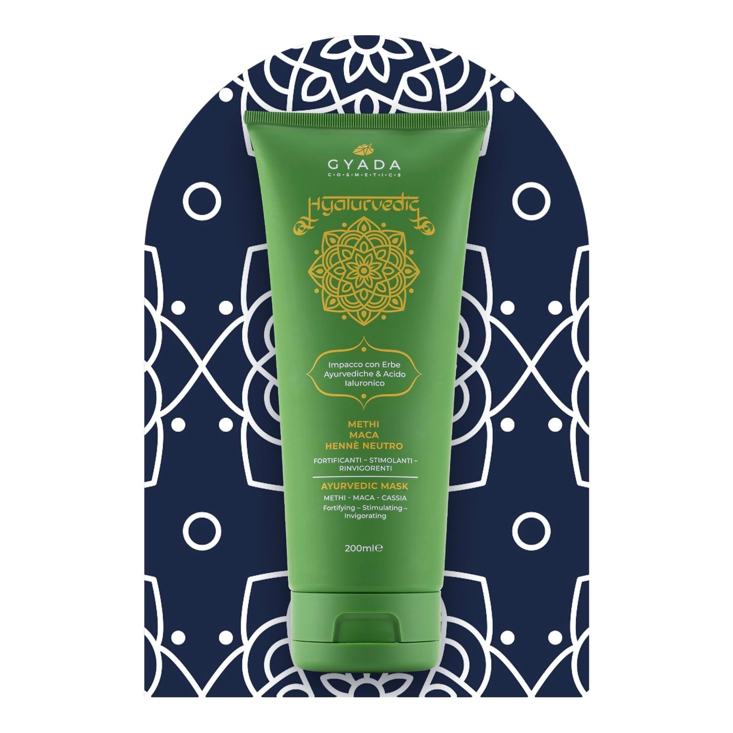 GYADA COSMETICS, hyalurvedisk styrkende ayurvedisk kompres, professionel behandling til fint og svagt hår, anti-frizz med methi, Maca, neutral henna, 200 ml Naty Shop hårmaske