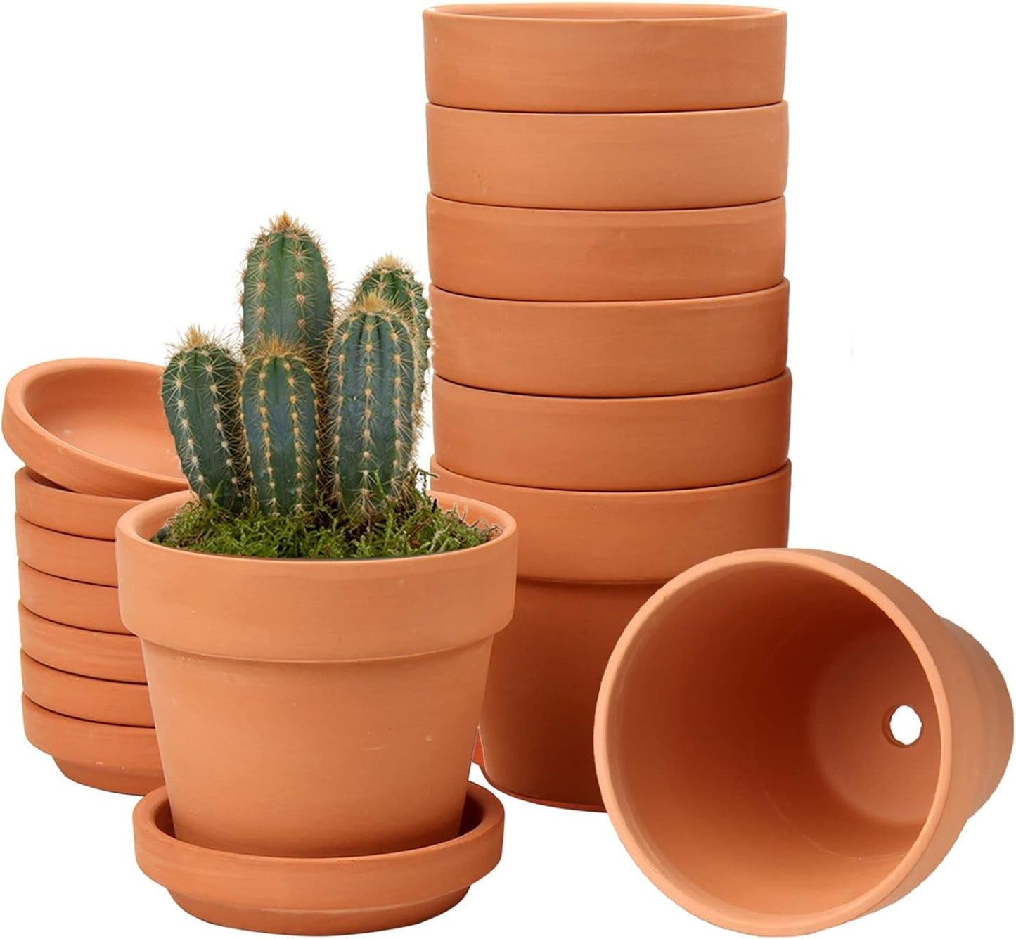Hollyone 8-delt lille terrakotta-plantekassesæt, 8x8 cm runde lerpotter med tallerken og drænhul, små plantekasser med bakke, terrakotta-sukkulentpotter til indendørs planter, keramiske plantekasser