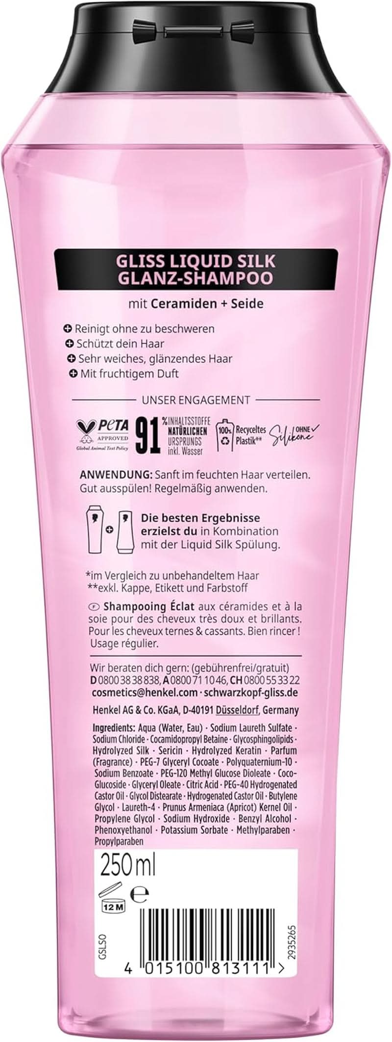 Gliss Shampoo Liquid Silk (250 ml), til skrøbeligt og kedeligt hår Brusebad og bad Naty Shop