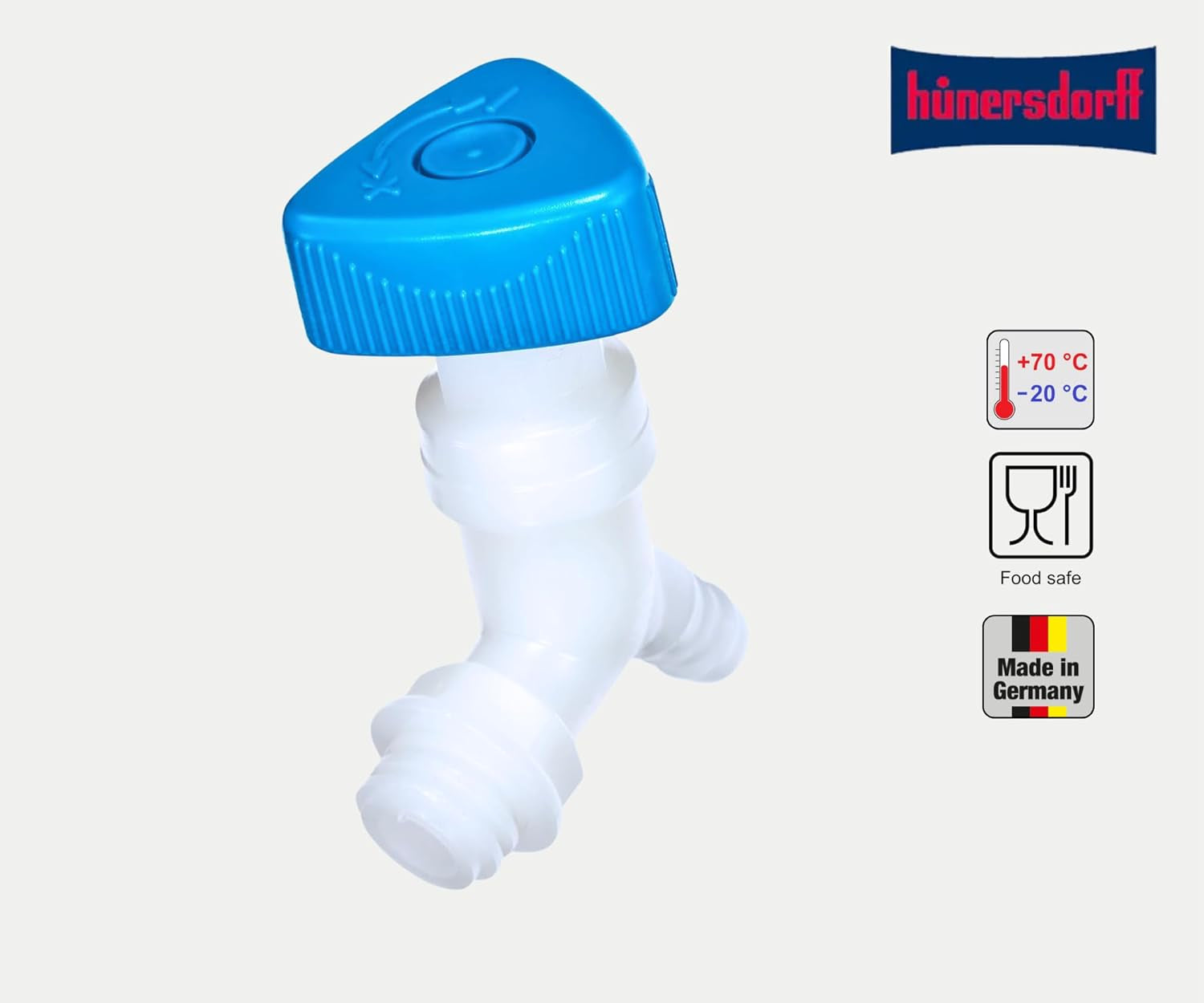 Hünersdorff | Vinkelventil | Coltara | Til dåser med en gevindbredde på 22 mm | Slangetilslutning 13 mm eller 1/2" | Natur/blå