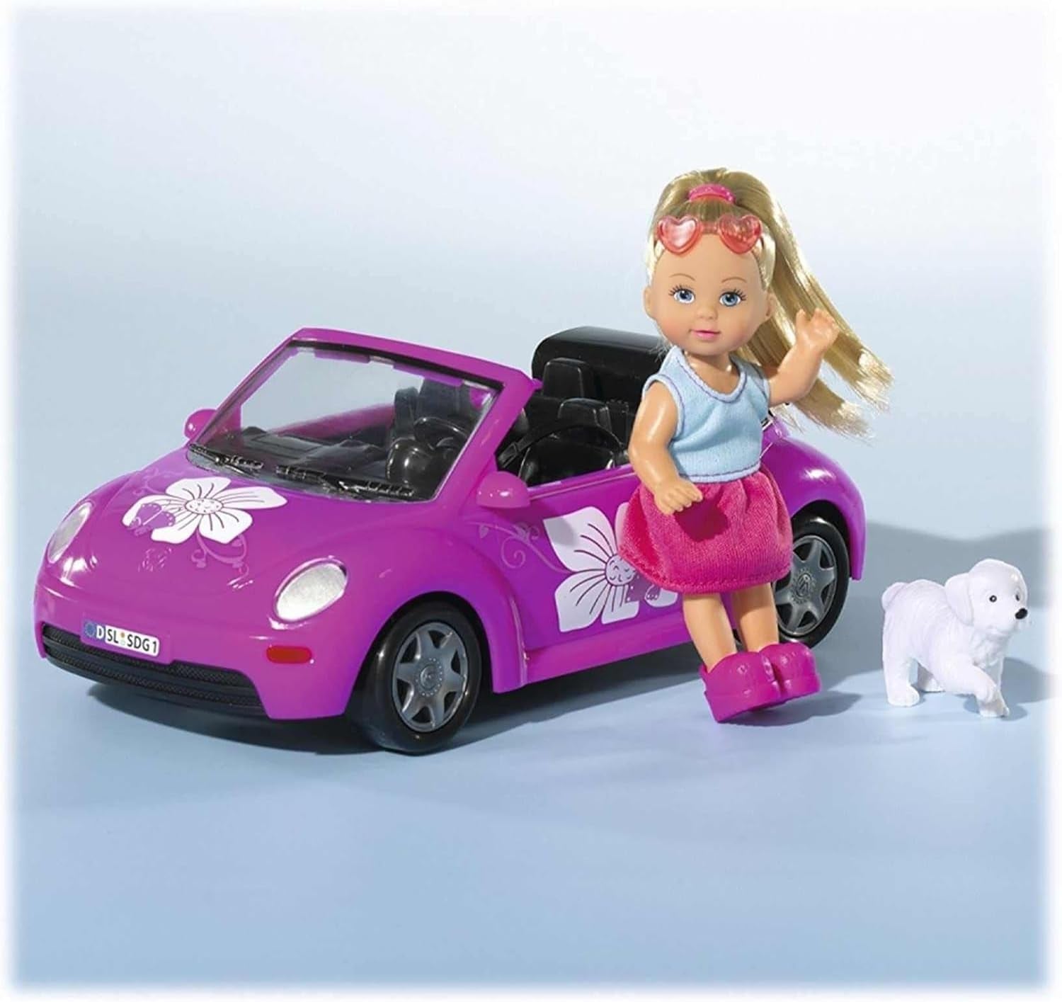 Simba 105731539 - Evi Love Beetle Evi's, Evi med bil, bil: 22 cm, med hund, modedukke, 12 cm, til børn fra 3 år og opefter
