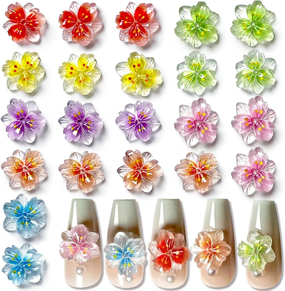 50 stk. 3D Blume Nagel Charms Nägel Tilbehør Nageldesign Glitzersteine ​​Nailart Strasssteine ​​Flower Nail Charms Luminous Flower Nail Art Charms Bunte Blumen Deko Nagel Steinchen Flowers Nail Rhinestones