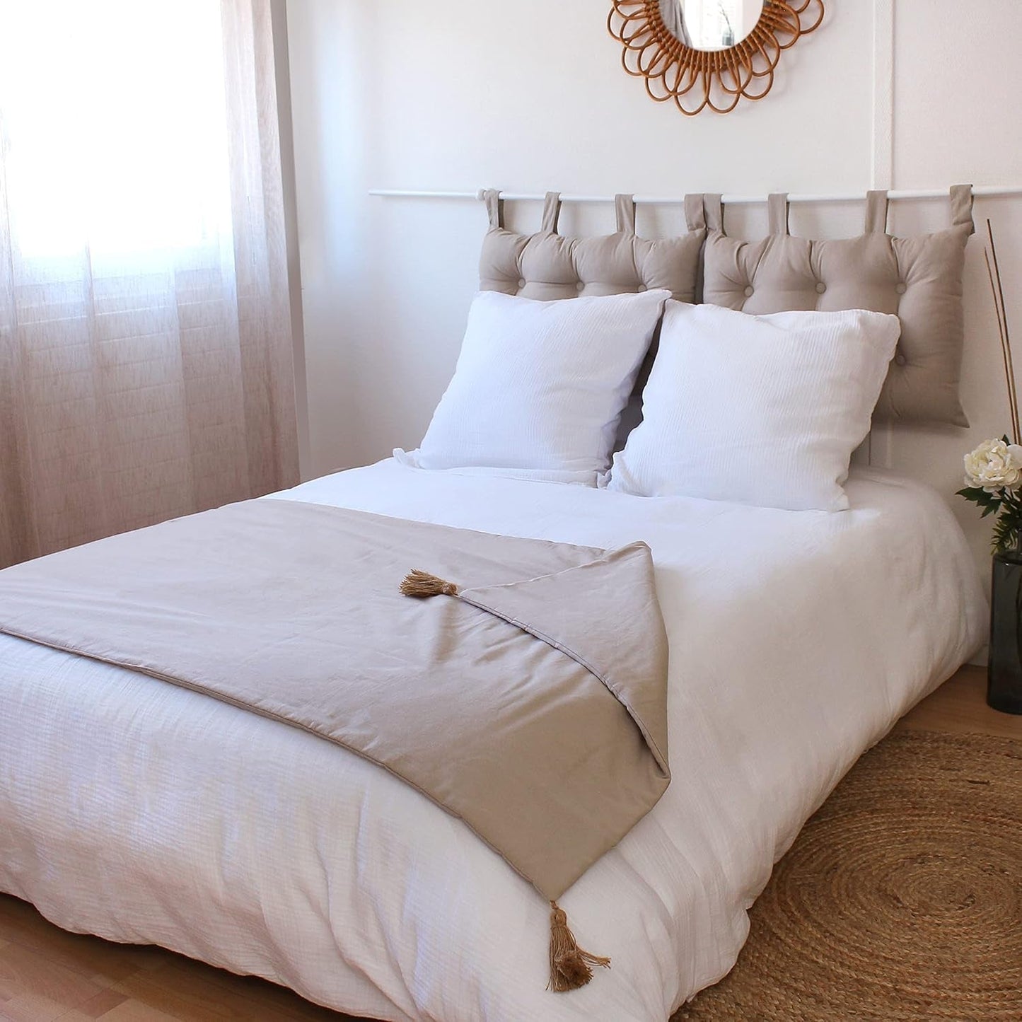 Nyd hjemmetæppe, beige, naturligt, med 4 jute pomponer, 90 X 190 cm, 100 % bomuld, Oeko-Tex certificeret, Panama Collection Naty Shop tæpper og dyner