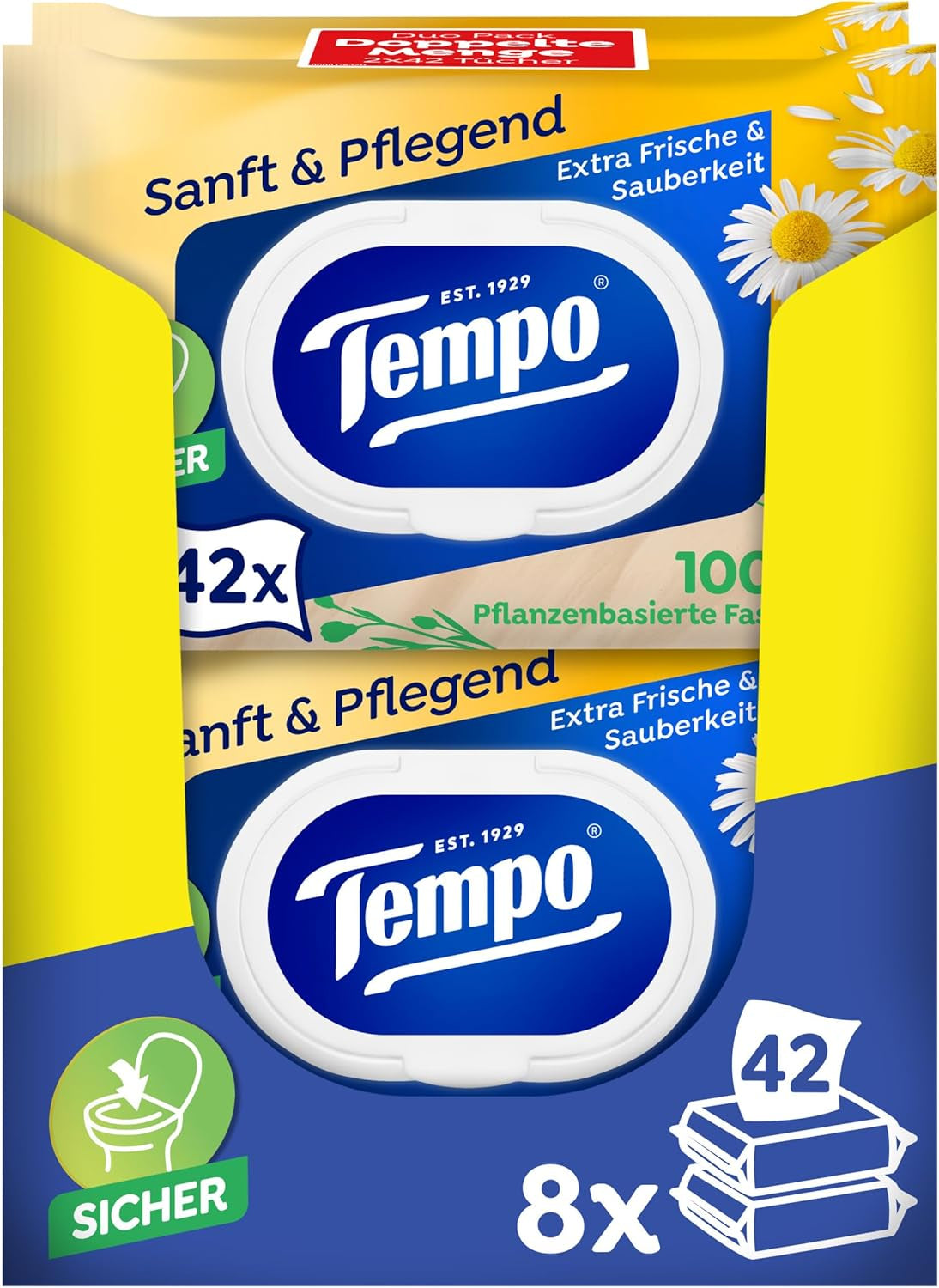 Tempo "Gentle & Caring" toiletservietter - Megapack - 16 pakker á 42 servietter - Duo Packs - med naturlig kamille - toiletpapir, dermatologisk testet og neutral til hudens Ph.