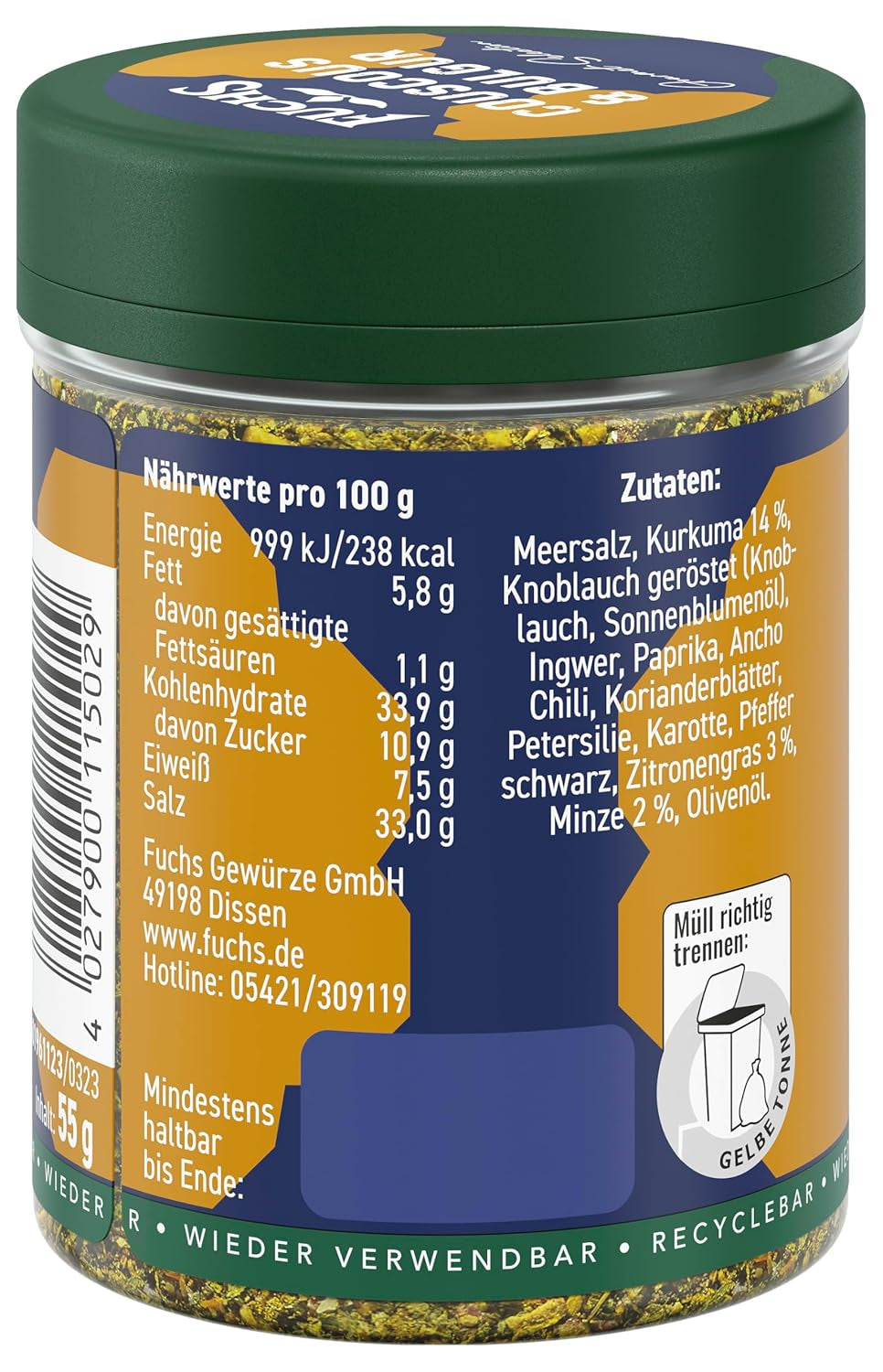 Fuchs Spices Gourmet Selection Mellemøsten/Afrika - Couscous og Bulgur Krydderiblanding Genopfyldelig krydderiblanding til krydderier Bulgurretter Vegansk 55g