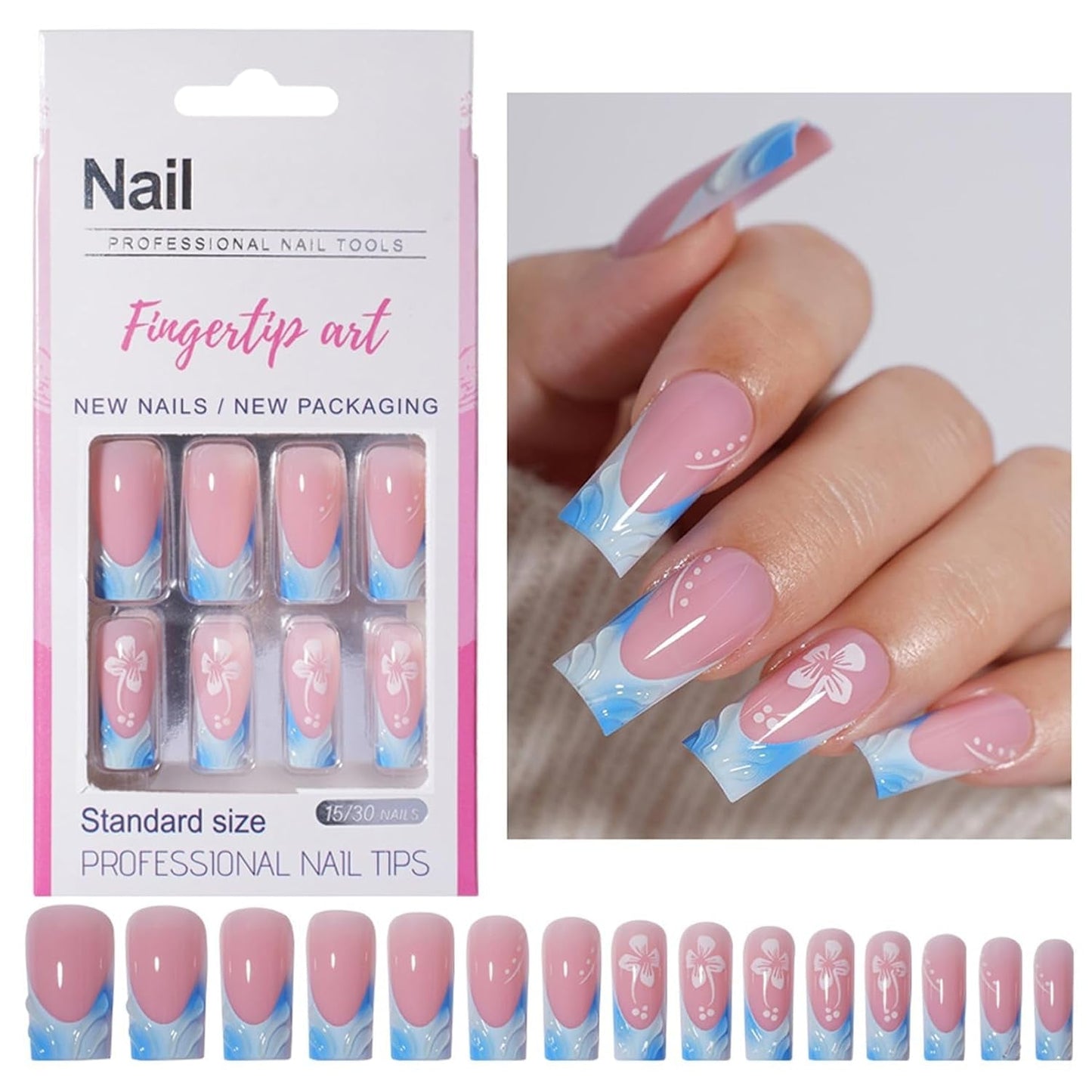 30 stk franske falske negle - lim på kunstige negle - bløde gelnegle til kvinder - Akrylklæbende negle Firkantet manicure (fransk pink)