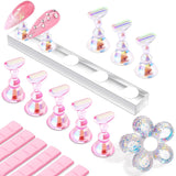 Makartt Akryl negleholder, magnetisk negleholder, negleholder, transparent pink negleholder med 48 klæbende kit