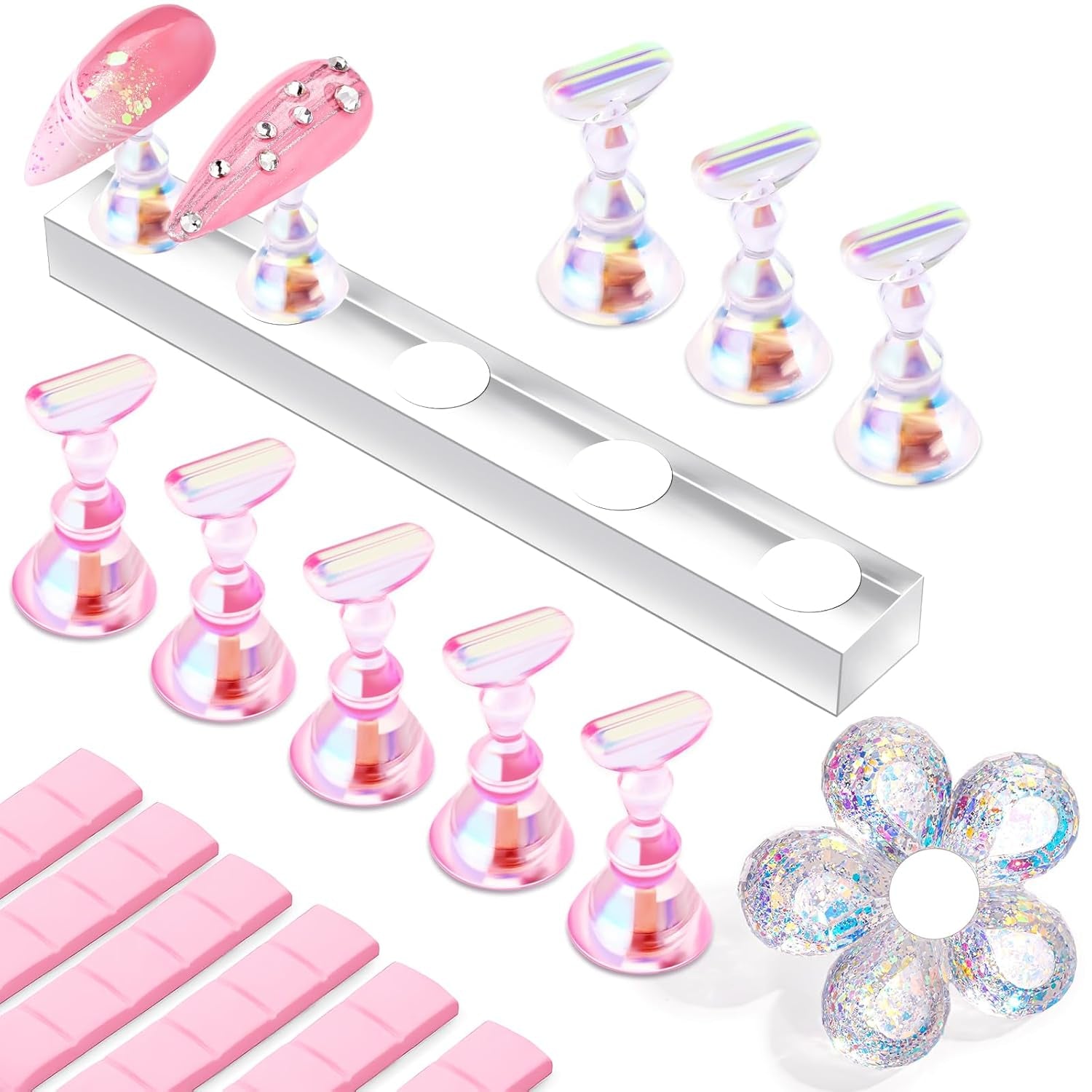 Makartt Akryl negleholder, magnetisk negleholder, negleholder, transparent pink negleholder med 48 klæbende kit