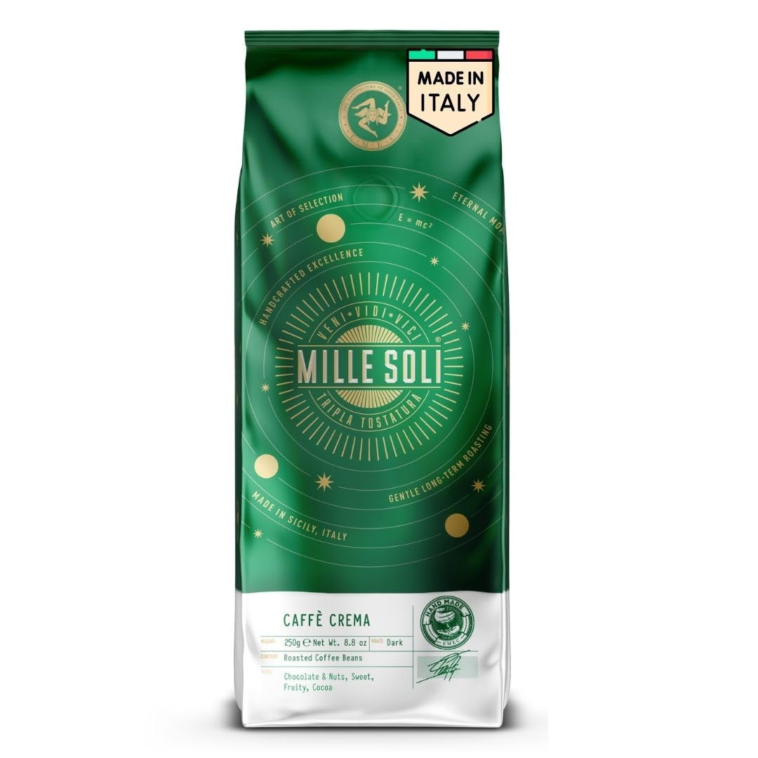 Caffè Crema - Kaffebønner ristet på Sicilien - Traditionel lang ristningsproces med perfekt crema, 250 g pose, ekstra lav surhedsgrad til fuldautomatiske maskiner og portafilter