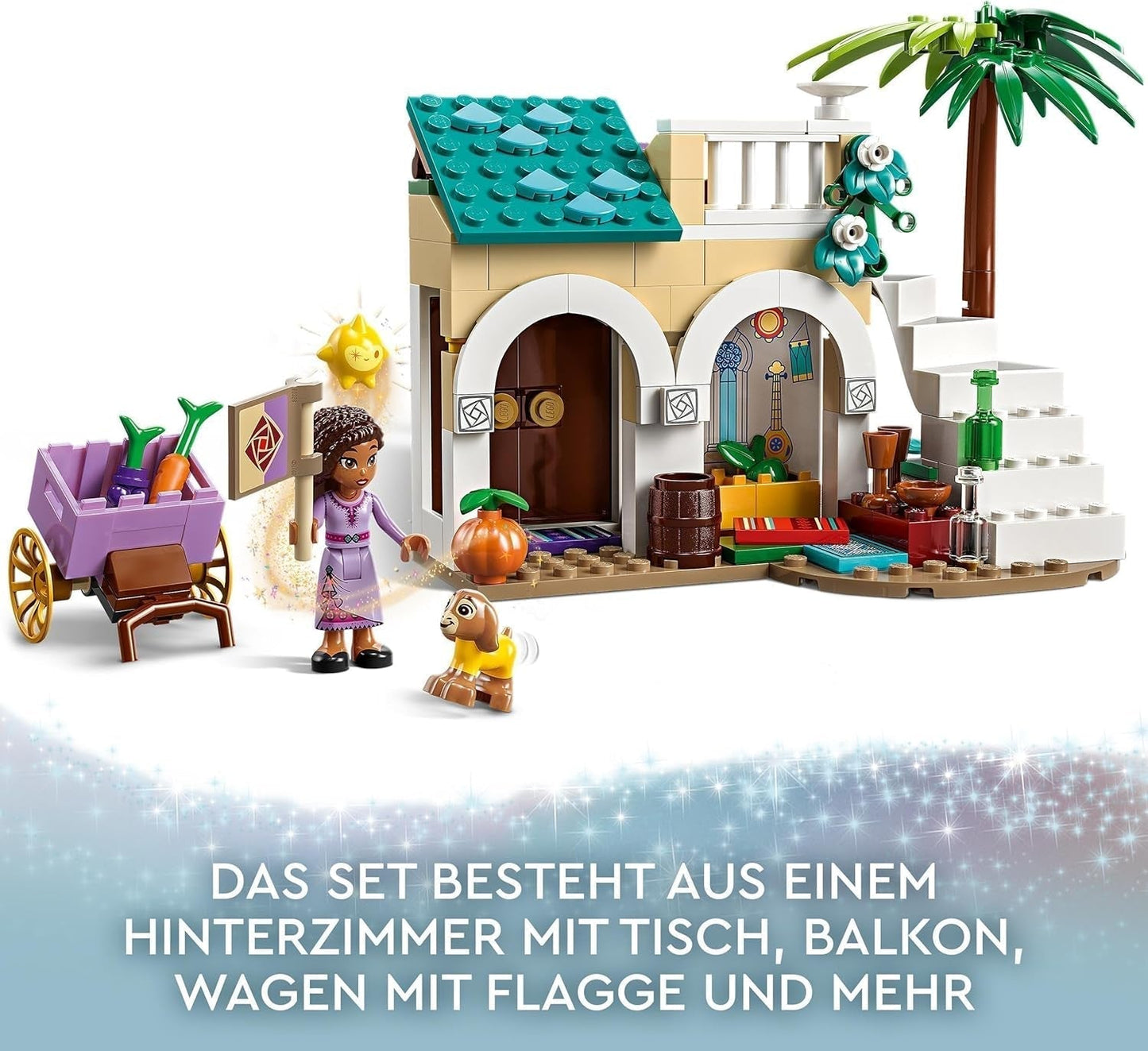 LEGO 43223 Disney-ønske Asha i Rosas City, Ønskefilmsæt med marked, Asha-minidukke, Valentino som legetøjsged og stjernefigurer, gave til børn 6 år, byggesæt til piger og drenge Besuche den LEGO-Store