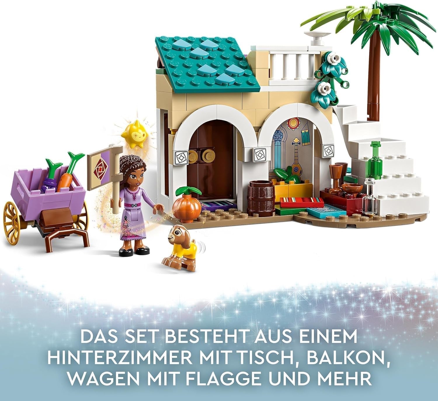 LEGO 43223 Disney-ønske Asha i Rosas City, Ønskefilmsæt med marked, Asha-minidukke, Valentino som legetøjsged og stjernefigurer, gave til børn 6 år, byggesæt til piger og drenge Besuche den LEGO-Store
