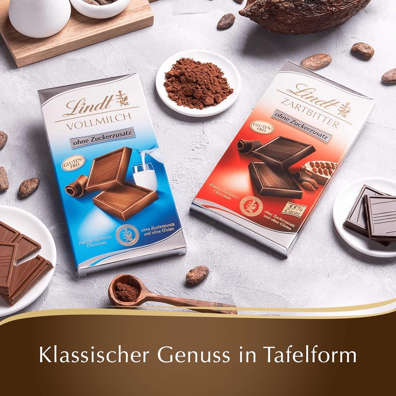 Lindt Chokolade | Mørk chokoladebar uden tilsat sukker | 100 g | Den fineste mørke chokolade med 55% kakao, uden tilsat sukker og ingen gluten | Glutenfri chokoladebar