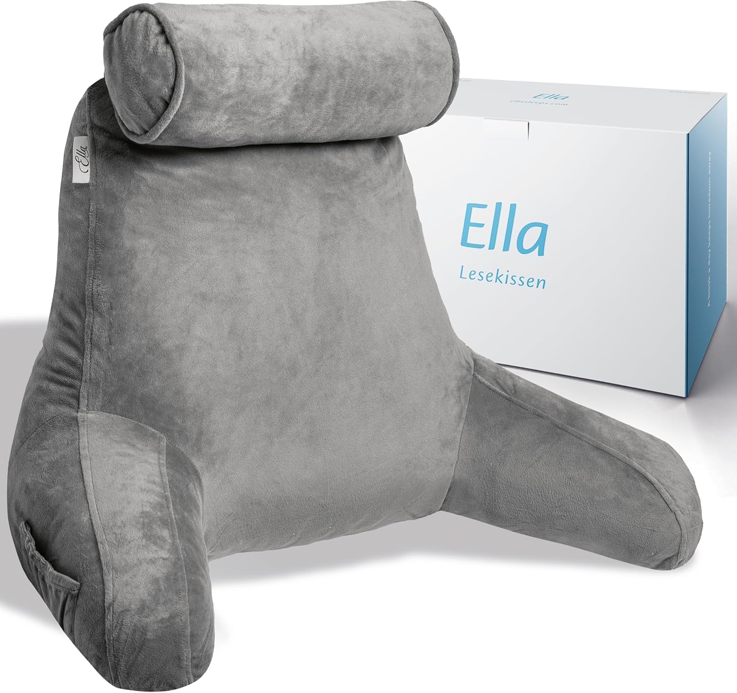 Ella læsepude til seng og sofa med aftagelig nakkerulle - Rygpude til seng - Memory Foam læsepude med armlæn, ideel til at læse, se tv, slappe af eller som rygstøtte - Grå