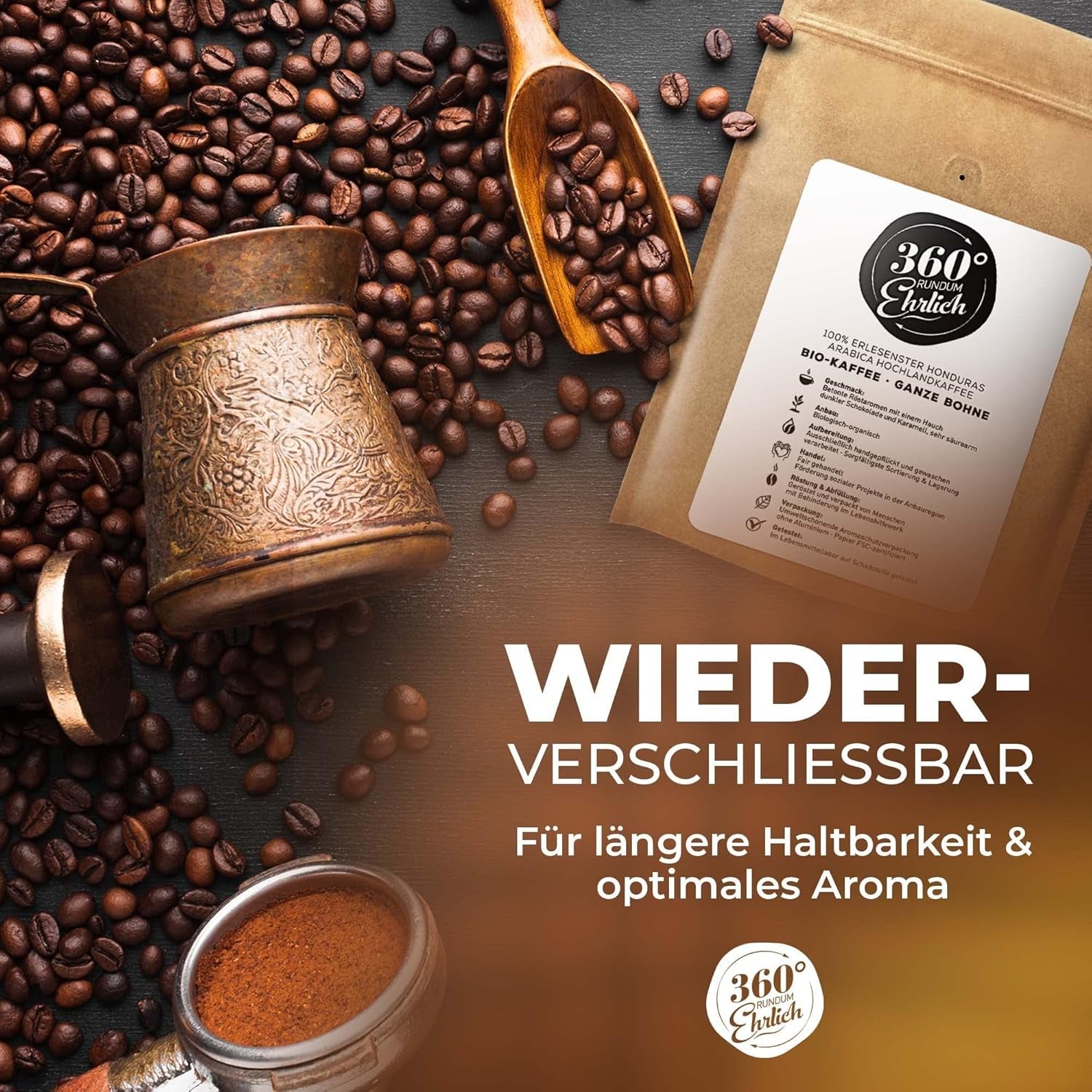 Premium Bio Kaffeebohnen 1000g, 100% Honduras Hochland Arabica Kaffeebohnen Bio - Köstlich, mild, sikker - Bio Kaffee ganze Bohnen - Ideel som Kaffeebohnen Vollaautomat - 360° Rundum Ehrlich