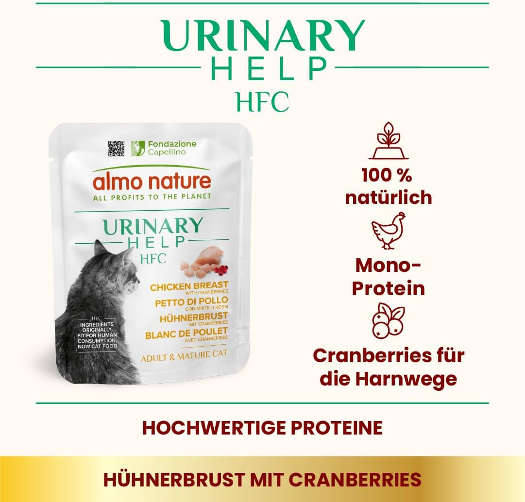 Almo Nature HFC Urinary Help - Nassfutter für Katzen - Unterstützung für die Harnwege - Hühnerbrust & Tranebær - Human Grade, Monoprotein, Glutenfri - 24x50g