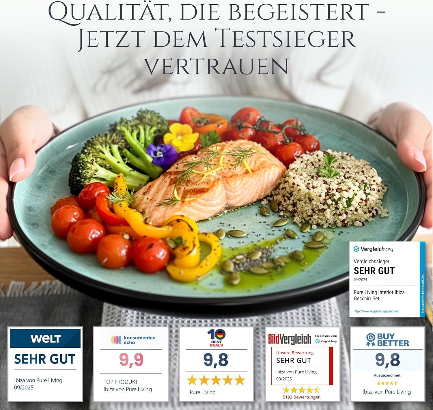 24-delt keramisk stentøjsstel til 6, Ibiza-design, TESTVINDER. Et lækkert middelhavsservicesæt med skåle og tallerkener. Pure Living servicesæt, salviegrøn.