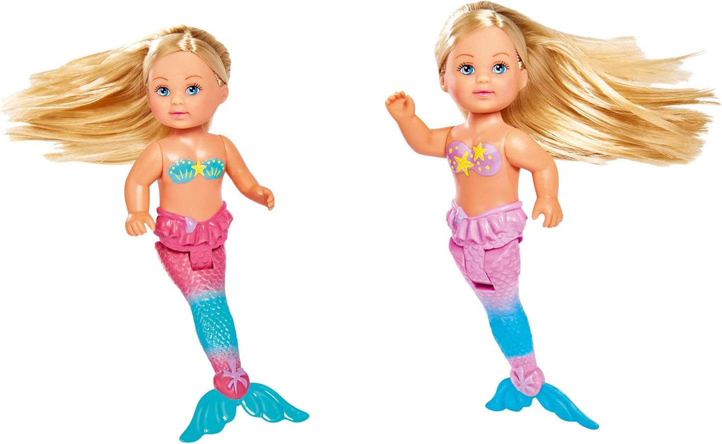 Simba 105733424 - Evi elsker den lille havfrue, assorteret 2 måder, kun EN vare vil blive leveret, Evi som en havfrue, bevægelig halefinne, med søhest, 12 cm modedukke, 3+