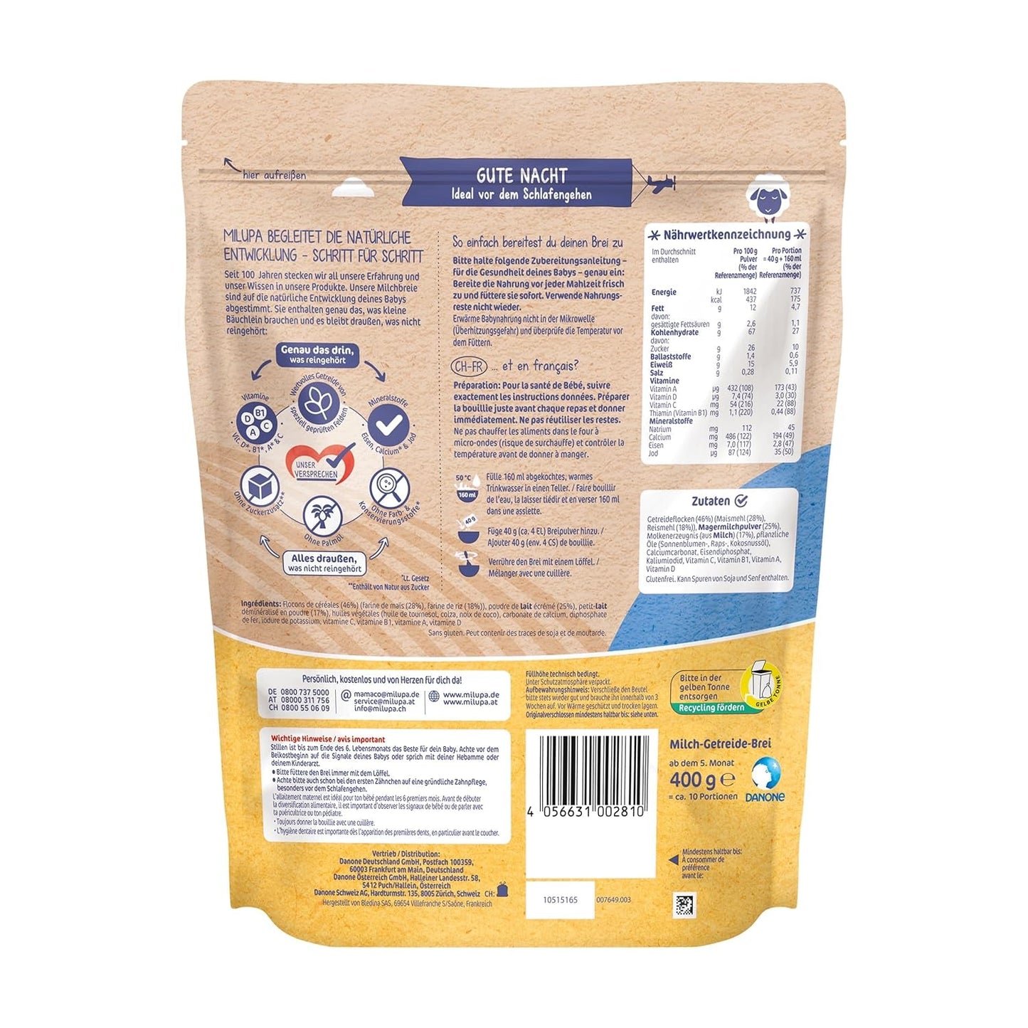 Mælkegrød Milupa Gentle Start - Kornprodukter til babyer uden gluten, uden palmeolie - Uden konserveringsmidler og farvestoffer - Fra 5 måneder - 4 x 400 g