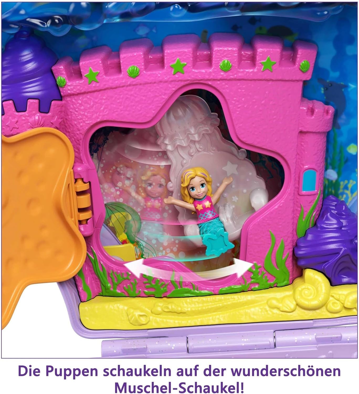 Polly Pocket Opbevaringsboks Muslingeskalstaske med 2 dukker og 1 ubåd Polly Pocket Mermaid Legetøj Age 4+ GNH11