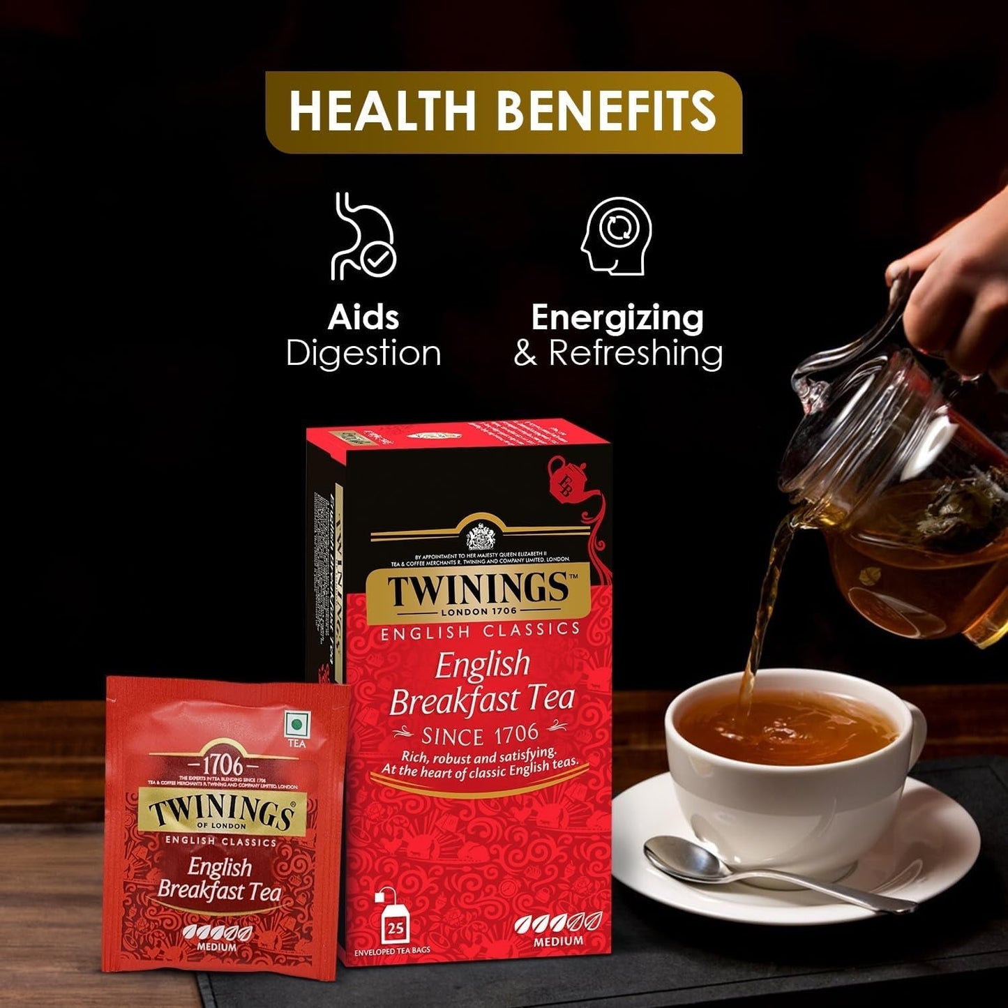 Twinings English Breakfast Black Tea 50g, 25 teposer, fyldig, rund og stærk sort te fra de bedste teplantager i Sri Lanka og Indien. Sort te Pakke med 1 (1 x 50 g)