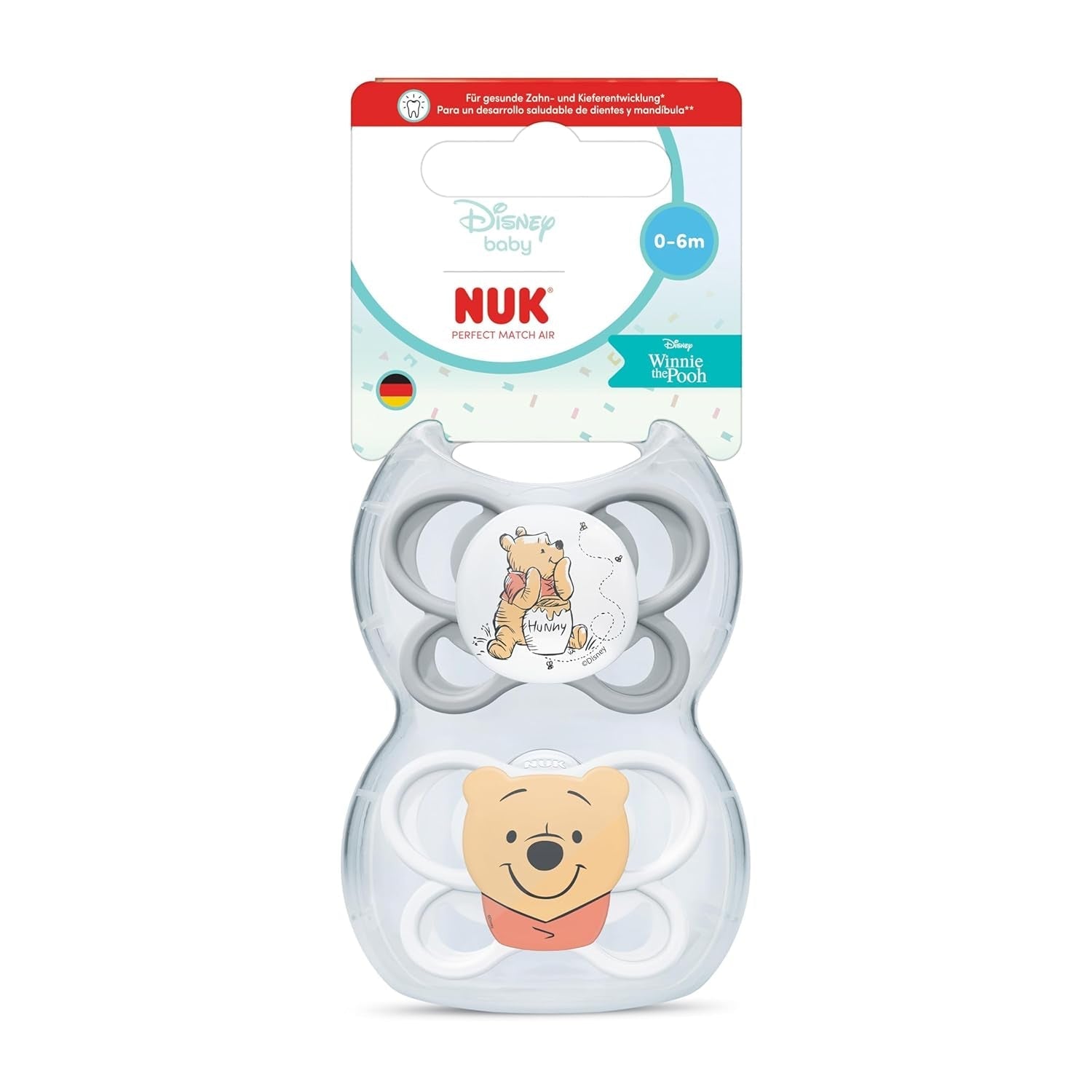 NUK Perfect Match luftsutter til babyer | 0-6 måneder | Ortodontiske sutter, der fremmer luftcirkulationen og forhindrer udslæt forårsaget af spyt | 95 % accept af babyer** | Disney Peter Plys | Pakke med 2