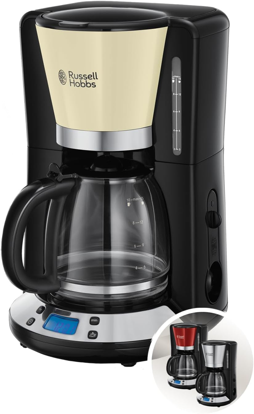 Russell Hobbs kaffemaskine [Digital timer, brusehoved for optimal udsugning og aroma] Farver+ Creme (1 til 10 kopper, 1,25 L glaskaraffel, varmeplade, 1100W) Filterkaffemaskine 24033-56