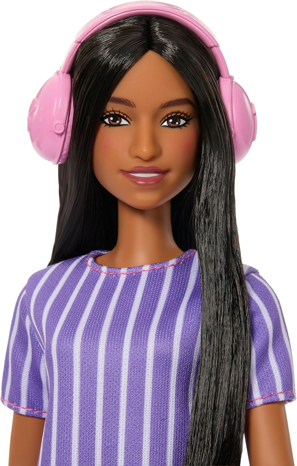 Barbie Fashionista dukke nr. 245, autistisk dukke med lilla stribet kjole og tilbehør som fidget spinner, tablet og hovedtelefoner, JJN58