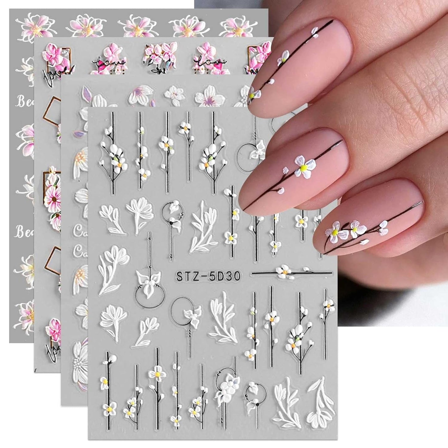 JMEOWIO 3D Nagelsticker Frühling Blume Nail Art Sticker Selbstklebend Nagelaufkleber 5D Stereoskopisk Blumen Dekoration Nageldesign Tilbehør 4 Blatt