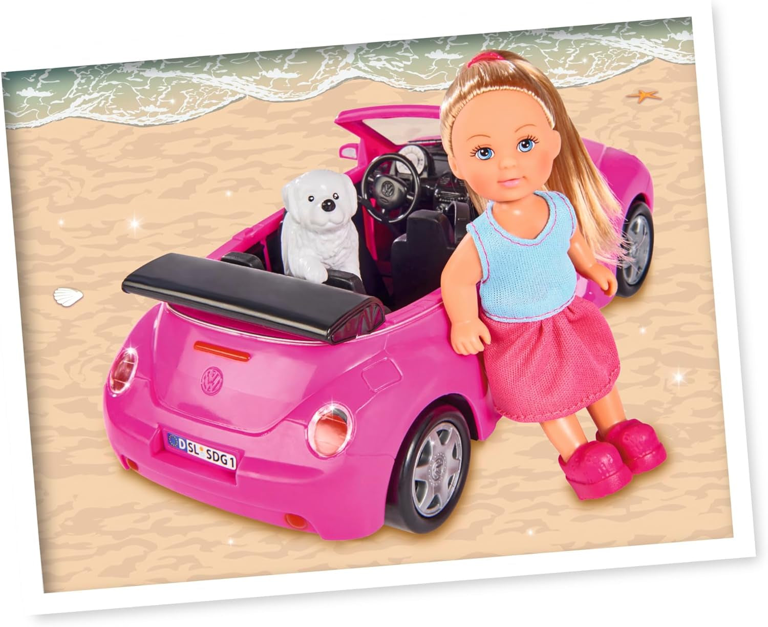 Simba 105731539 - Evi Love Beetle Evi's, Evi med bil, bil: 22 cm, med hund, modedukke, 12 cm, til børn fra 3 år og opefter