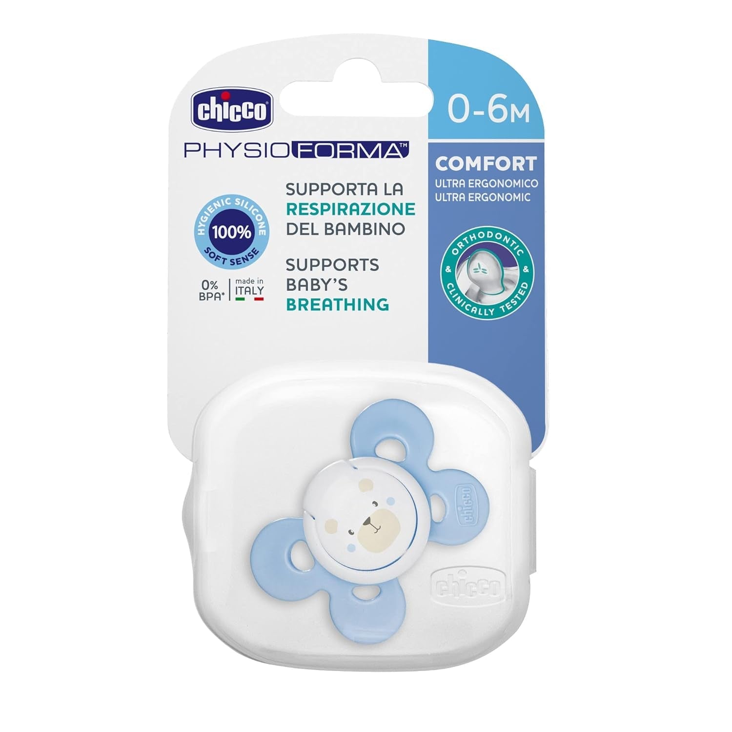 Chicco PhysioForma Comfort sut 16-36 måneder, sut med silikone sut, 1 stk., understøtter fysiologisk vejrtrækning og korrekt mundudvikling, blå
