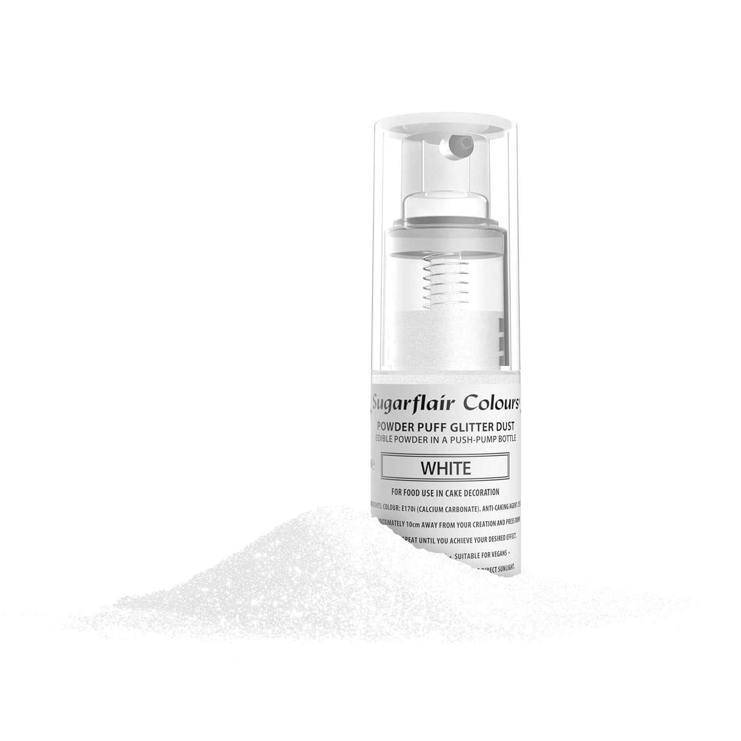 Sugarflair White Pump Powder Spray - kagepynt madfarve, aerosolfri spray til kager, muffins og mere - 10g