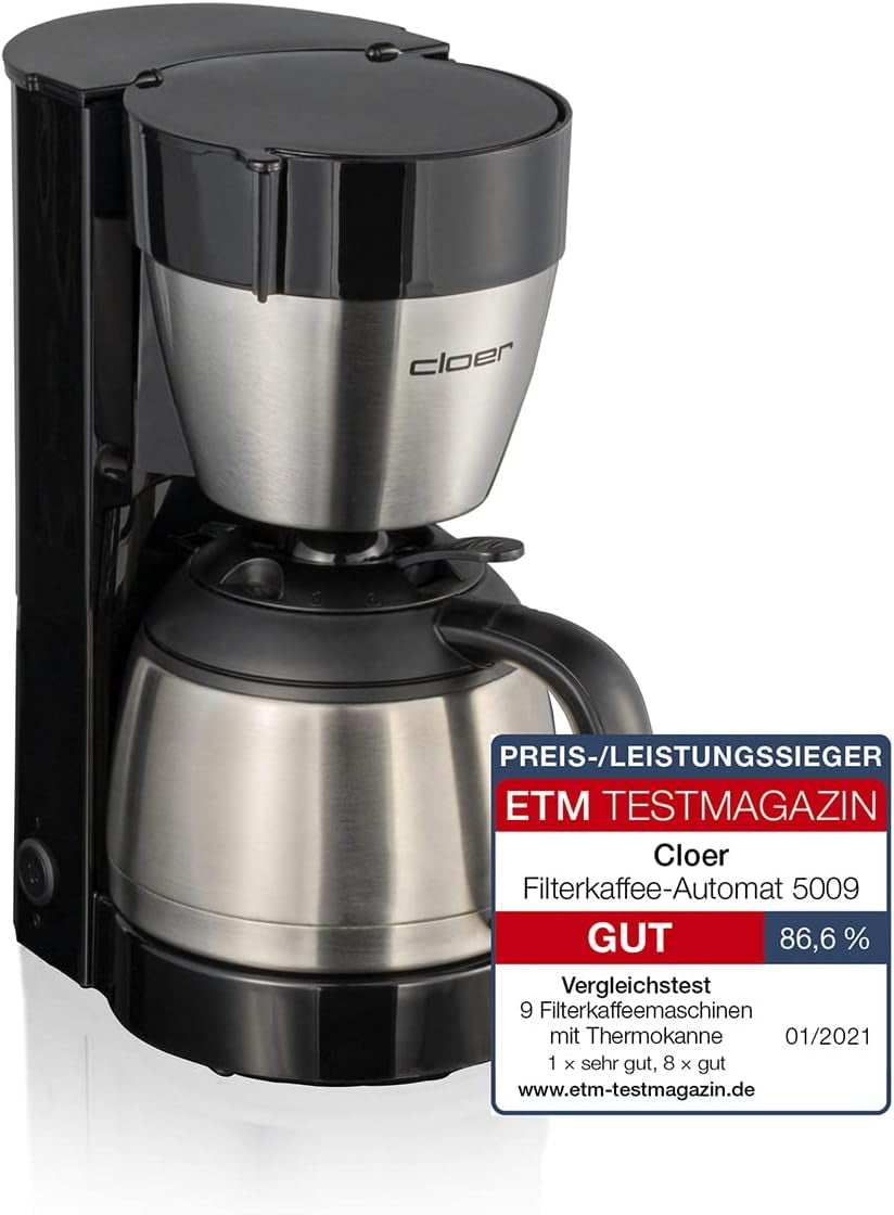 Cloer 5009 Hold Warm Filter Espressomaskine til op til 8 kopper 800W med isoleret rustfri stålkaraffel 1x4 filterkop Sort