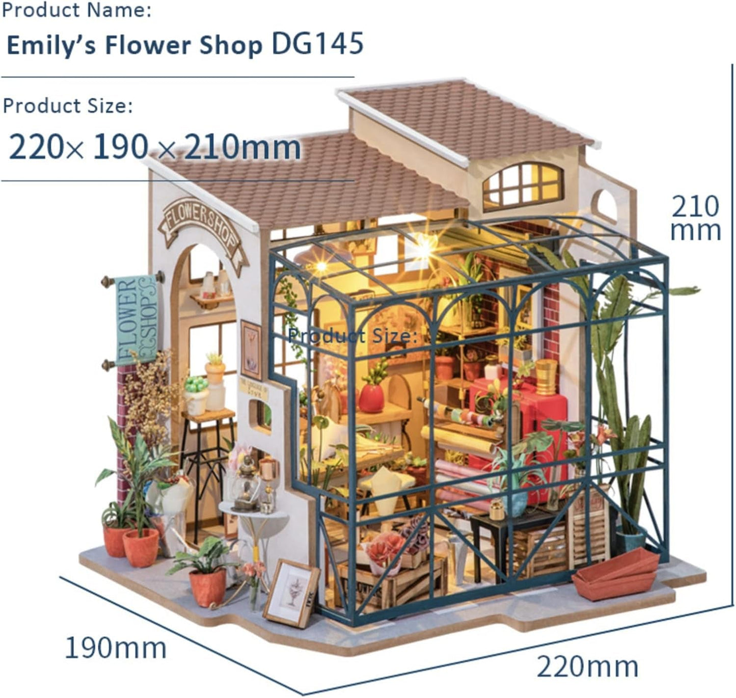 Robotime DG145 Rolife Emily's Flower Shop Miniature dukkehus Lavet af træ, metal, stof og pap, Mål: 22 X 15 X 17 Cm, Naty Shop dukkehuse